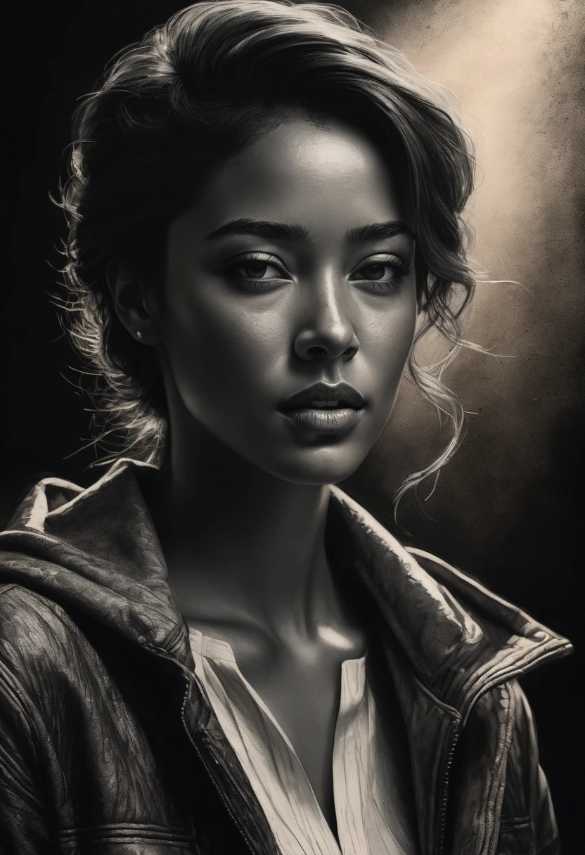 best qualityer, hyper realistic, ultra detali,realistic sketch:1.5,coal,portraite,paper texture,detailed facial features, freckles on the face, Shading and Highlights,dynamic composition,expressive traits,sharp contrast,highlights and shadows,black andwhite,Emotion and expression,Exquisite details,subtle textures,hand drawn,precise lines,fine arts,alto sharp contraste,dramatic lighting,qualified craftsmanship,aesthetic appeal,Polished finish,professionally executed