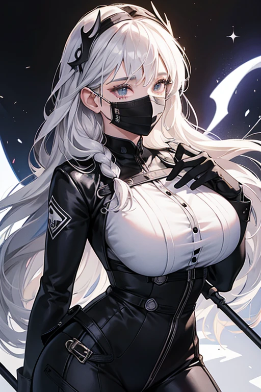 Melodie's outfit was a jumpsuit with a white torso and black lower half. On her torso is a massive black treble clef on a staff. At the base of her jumpsuit was a series of white musical notes, which made an infinity symbol. She had white boots and dark gray gloves. Across her face was a white mask.
Later designs tried different features, like a black bent eight note around one of her eyes on the mask, black dots attached to lines on her chest instead of a treble cleft and over her hands, and a white band covering or beside her braid. SPARKLE; GLITTER