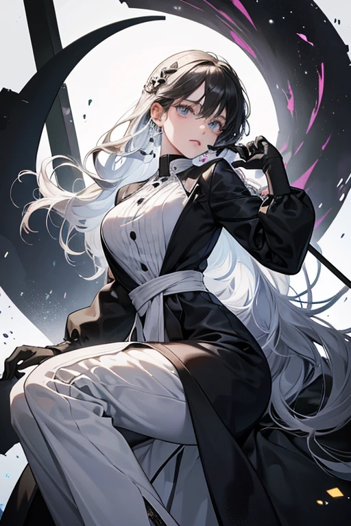Melodie's outfit was a jumpsuit with a white torso and black lower half. On her torso is a massive black treble clef on a staff. At the base of her jumpsuit was a series of white musical notes, which made an infinity symbol. She had white boots and dark gray gloves. Across her face was a white mask.
Later designs tried different features, like a black bent eight note around one of her eyes on the mask, black dots attached to lines on her chest instead of a treble cleft and over her hands, and a white band covering or beside her braid. SPARKLE; GLITTER