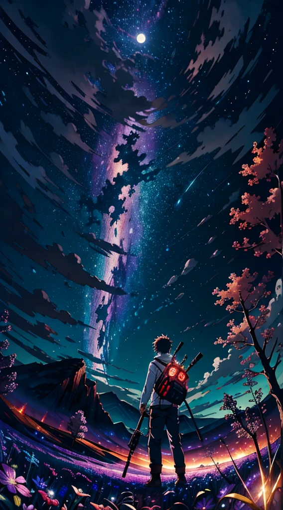 Vast landscape photos , (a view from below that shows sky above and open field below), Boy standing in a flower field and looking up, (fullmoon:1.2), ( shooting stars:0.9), (nebulas:1.3), distant mountain, tree BREAK
Production art, (Warm light source:1.2), (firefly:1.2), apples, lot of purple and orange, Intricate details, Volumetric Lighting BREAK
(masutepiece:1.2), (Best Quality), 4K, Ultra-detailed, (dynamic compositions:1.4), Highly detailed, Colorful Detail,( Iridescent colors:1.2), (Glowing lighting, Atmospheric lighting), Dreamy, Magical, (Solo:1.2)