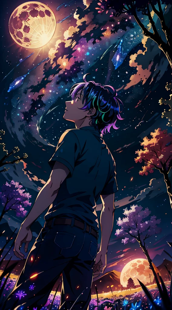 Vast landscape photos , (a view from below that shows sky above and open field below), Boy standing in a flower field and looking up, (fullmoon:1.2), ( shooting stars:0.9), (nebulas:1.3), distant mountain, tree BREAK
Production art, (Warm light source:1.2), (firefly:1.2), apples, lot of purple and orange, Intricate details, Volumetric Lighting BREAK
(masutepiece:1.2), (Best Quality), 4K, Ultra-detailed, (dynamic compositions:1.4), Highly detailed, Colorful Detail,( Iridescent colors:1.2), (Glowing lighting, Atmospheric lighting), Dreamy, Magical, (Solo:1.2)