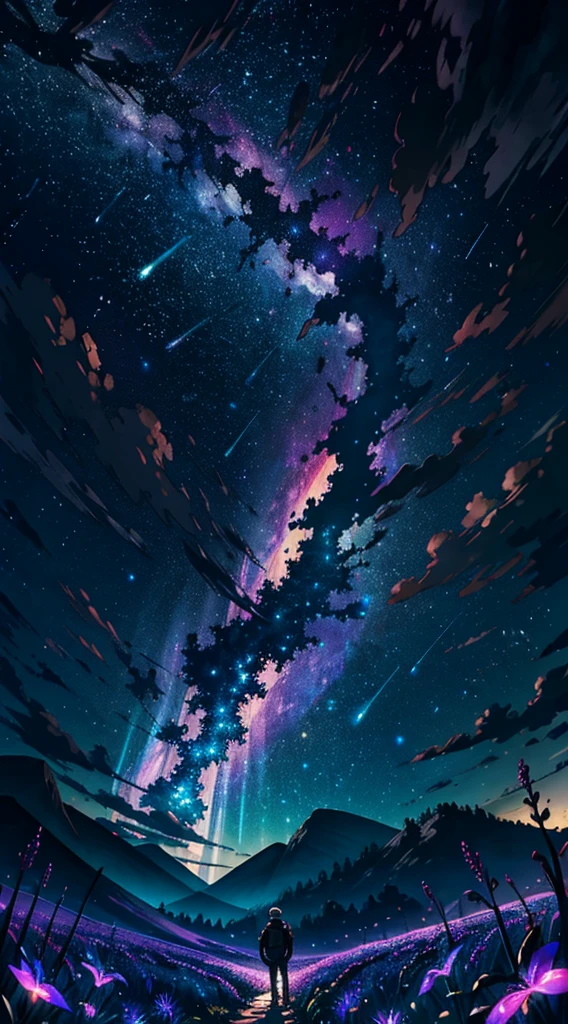 Vast landscape photos , (a view from below that shows sky above and open field below), Boy standing in a flower field and looking up, (fullmoon:1.2), ( shooting stars:0.9), (nebulas:1.3), distant mountain, tree BREAK
Production art, (Warm light source:1.2), (firefly:1.2), apples, lot of purple and orange, Intricate details, Volumetric Lighting BREAK
(masutepiece:1.2), (Best Quality), 4K, Ultra-detailed, (dynamic compositions:1.4), Highly detailed, Colorful Detail,( Iridescent colors:1.2), (Glowing lighting, Atmospheric lighting), Dreamy, Magical, (Solo:1.2)