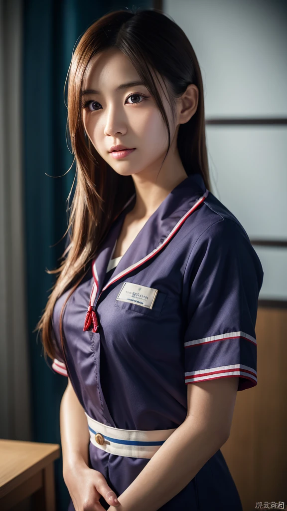 A beautiful young Japanese woman, around 20 years old, wearing a Nurses' Uniforms, ultra-detailed, 8K resolution, highly realistic, cinematic lighting, best quality, masterpiece, photorealistic, physically-based rendering, extremely detailed, vivid colors, professional, sharp focus, studio lighting