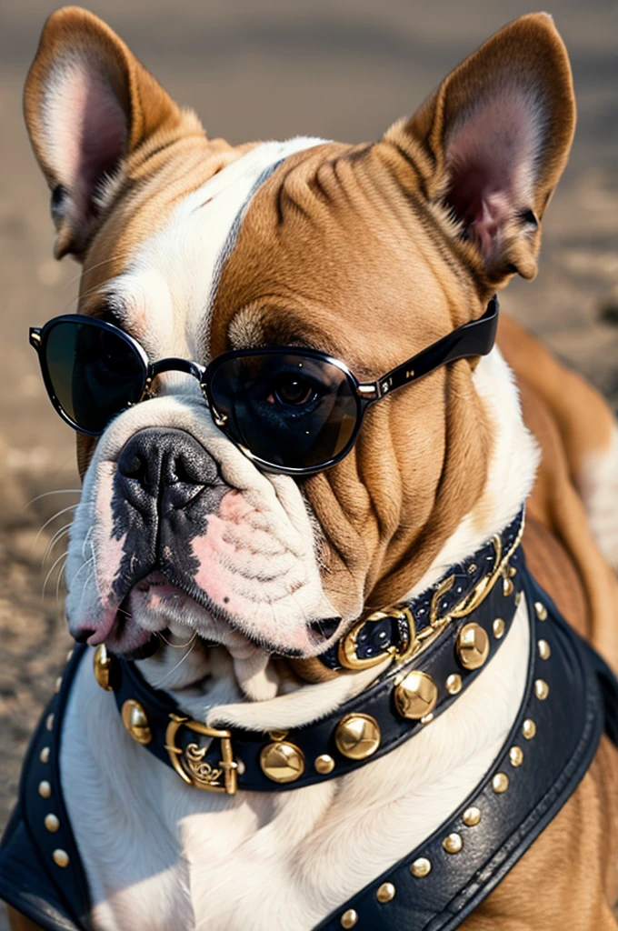 Bulldog wearing studded collar and sunglasses