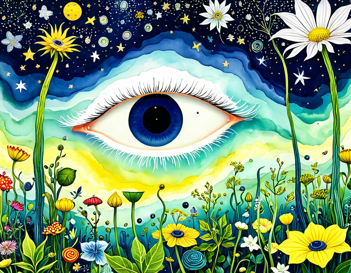 bud,microorganism、plant、Marine life、Eye、Starry Sky,Stitching together an abstract painting,Describing the inner world of autistic people,Sense of space,White Space,interesting,Innocence,Psychedelic Art,yellow