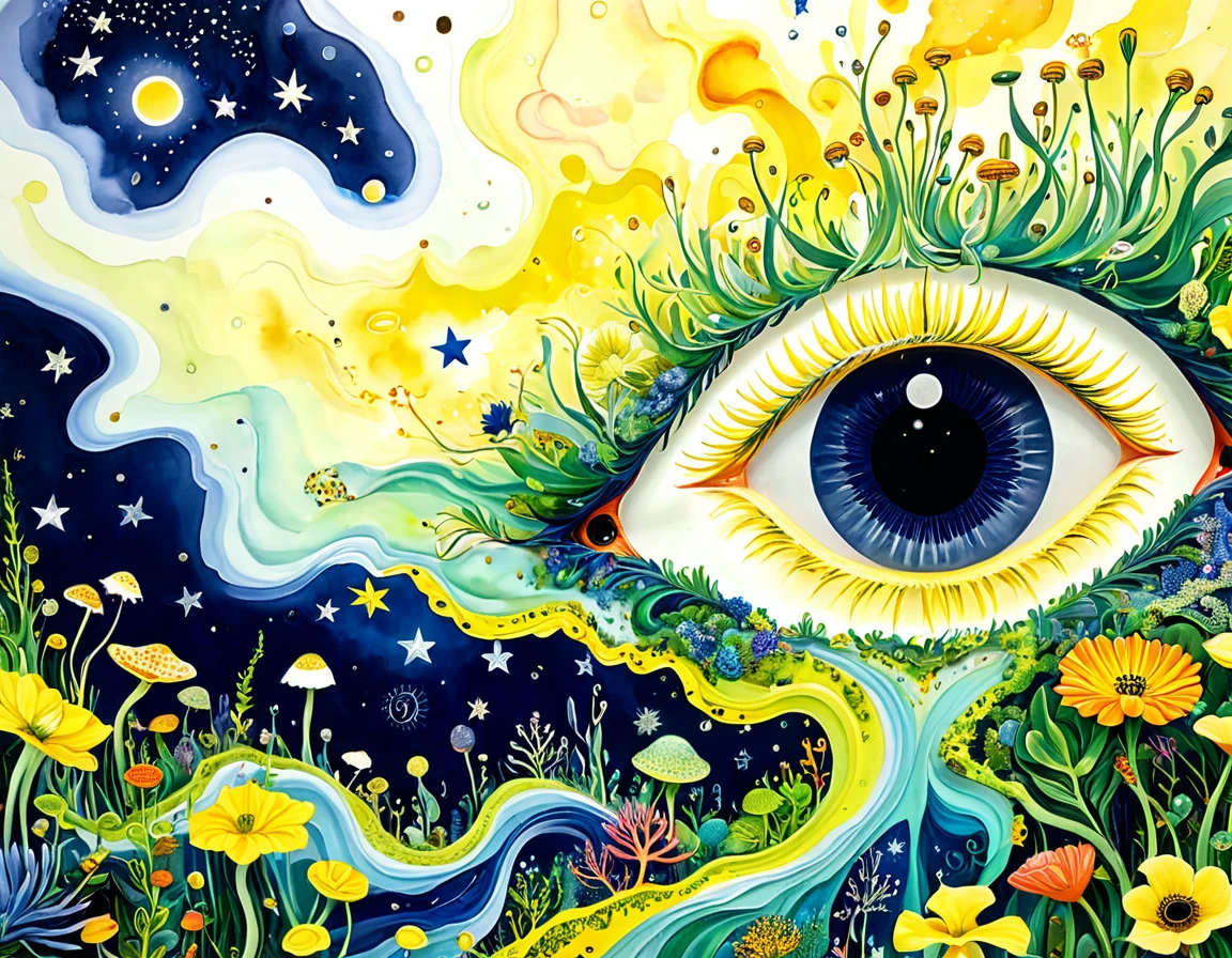 bud,microorganism、plant、Marine life、Eye、Starry Sky,Stitching together an abstract painting,Describing the inner world of autistic people,Sense of space,White Space,interesting,Innocence,Psychedelic Art,yellow