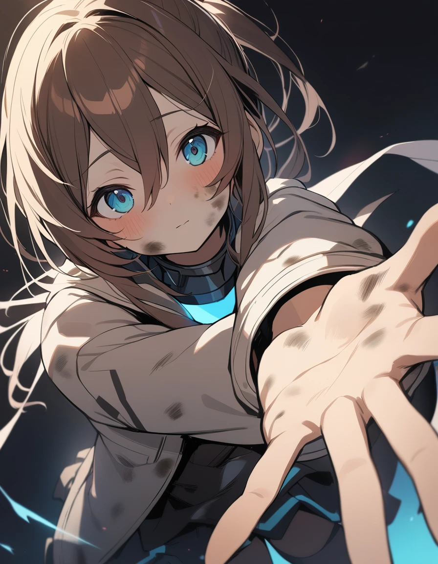 1 Girl, Amiya \(Ark of Tomorrow\), Ark of Tomorrow, Dirty face, Outstretched Hand, close up, angle, shorten, dark, dark background, masterpiece, best quality