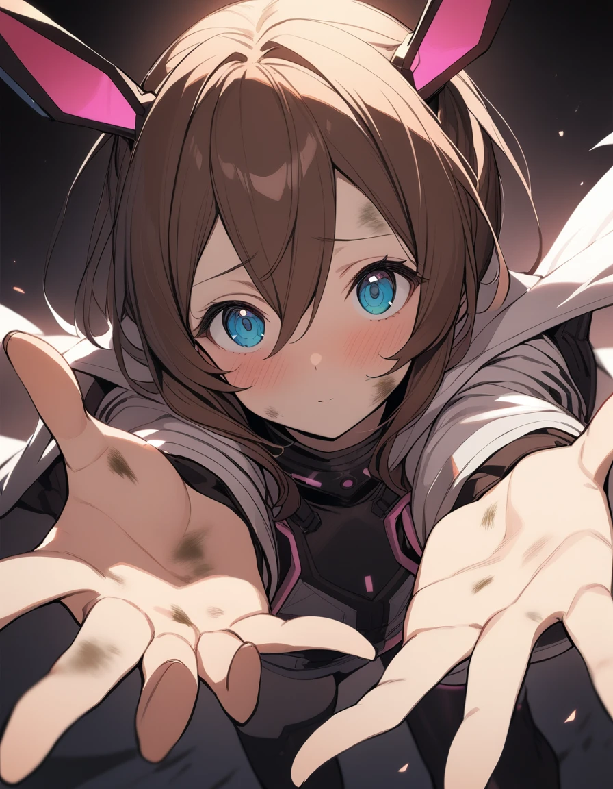 1 Girl, Amiya \(Ark of Tomorrow\), Ark of Tomorrow, Dirty face, Outstretched Hand, close up, angle, shorten, dark, dark background, masterpiece, best quality