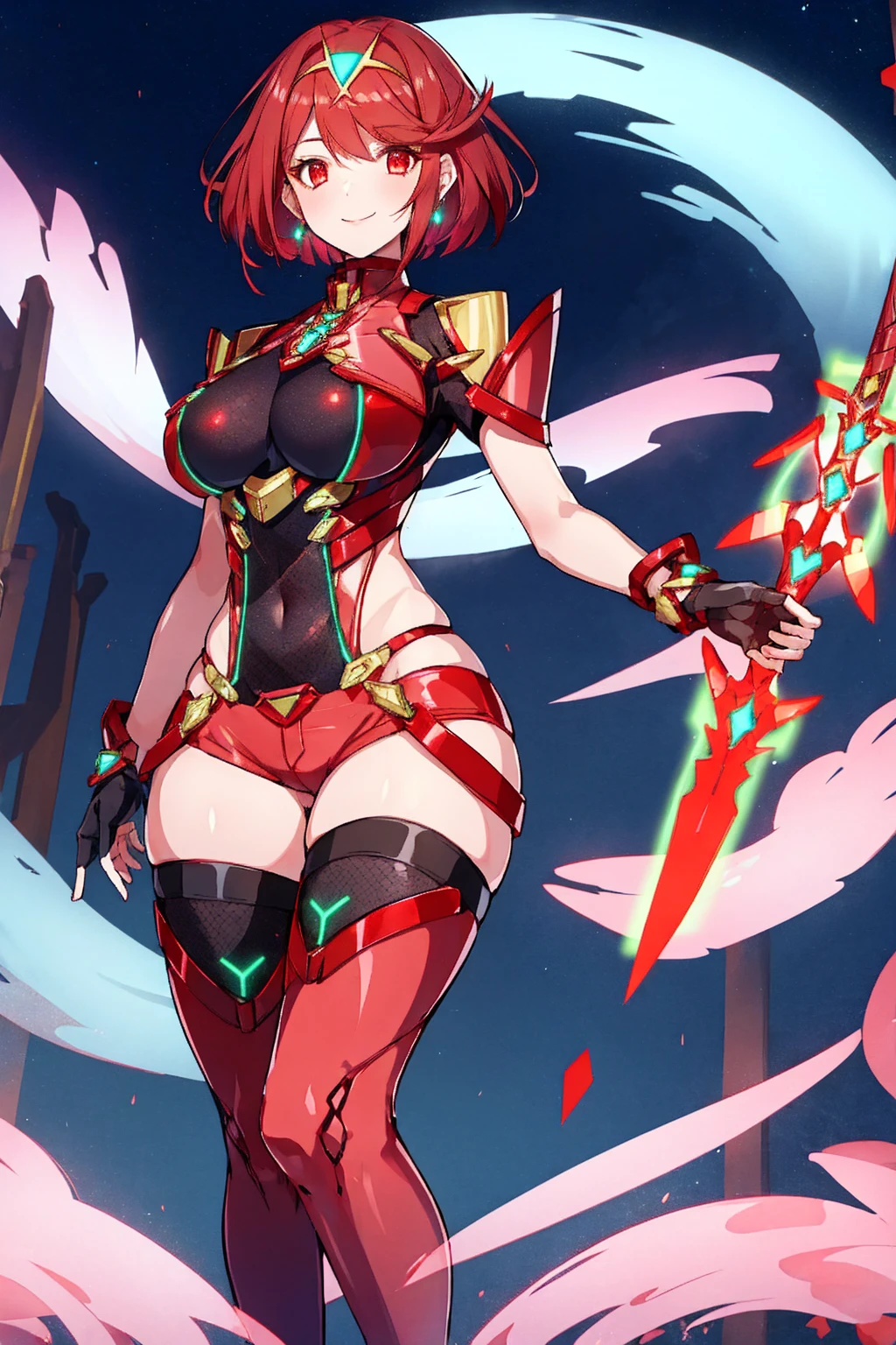 pyra \(xenoblade\), young__1girl, armor, bangs, black gloves, breasts, red eyes, closed mouth, earrings, eyelashes, fingerless gloves, floating hair, framed breasts, gem, gloves, hair ornament, headpiece, jewelry, big_breasts, leaning back, leotard, neon trim, official art, pose, red hair, red shorts, saitou masatsugu, short hair, short shorts, short sleeves, shorts, sidelocks, skin tight, solo, standing, swept bangs, thighhighs, tiara, night_prairie_background, turtleneck, underbust, vambraces, xenoblade chronicles \(series\), (xenoblade chronicles 2), apart_legs, fire_effect,dynamic_pose_fighting,light_smile, (plump:1.1), big_ass,huge_sword, hold_large_sword_hilt, solo, covered_nipples, covered_pussy,