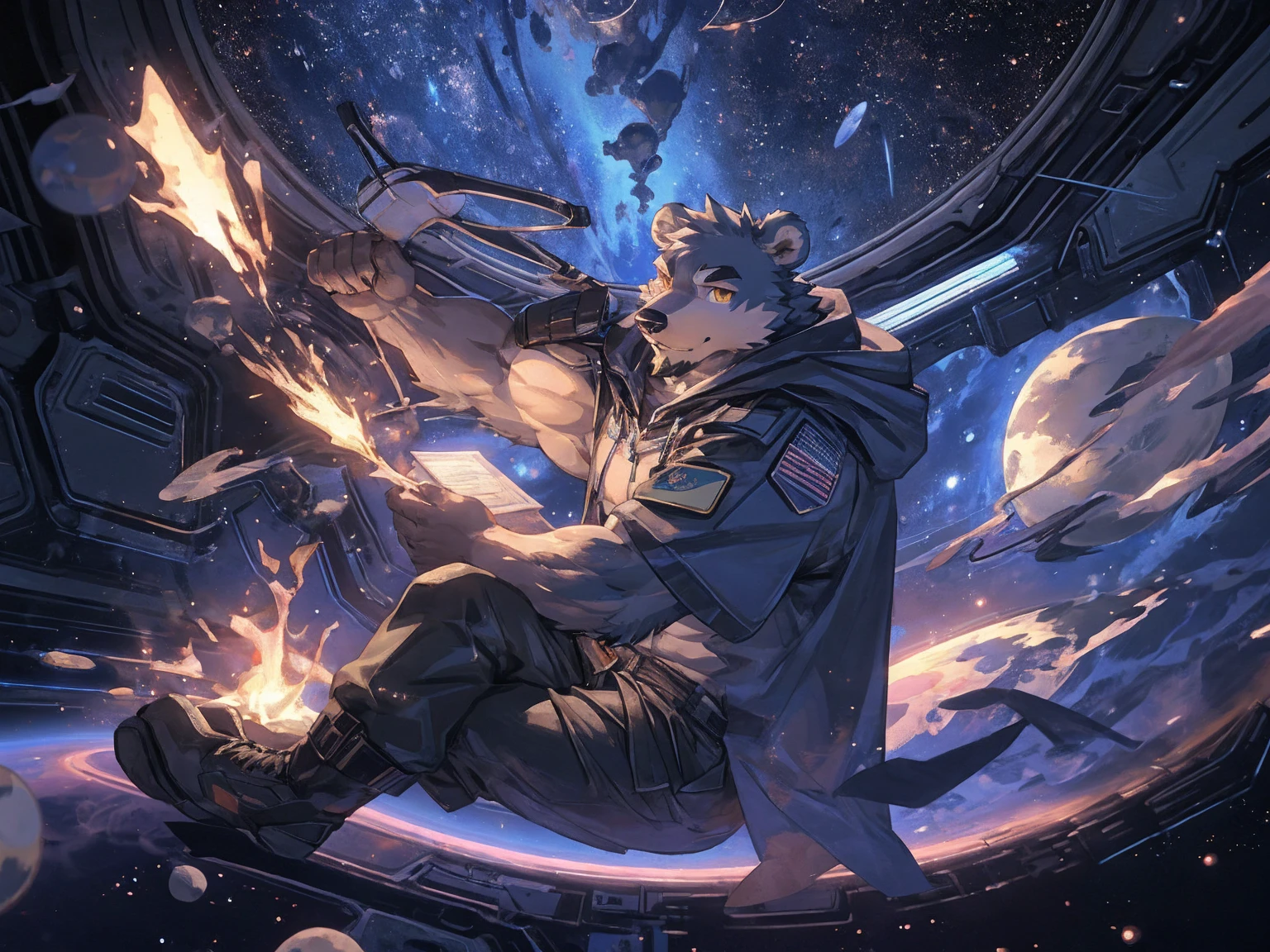 (masterpiece:1.2), best quality,pixiv,official art,perfect anatomy, (Ray tracing, light),solo, (1_male:1.3) , (muscle), (grey fur:1.4), (muscle bear), (beard:1.2), (gleaming golden eyes), bear tail, full body, Thick black eyebrows,(open hooded parka), (naked inside), (cargo pants:1.2), boots , (in the space:1.3) , star , planet , earth , asteroid , character floating