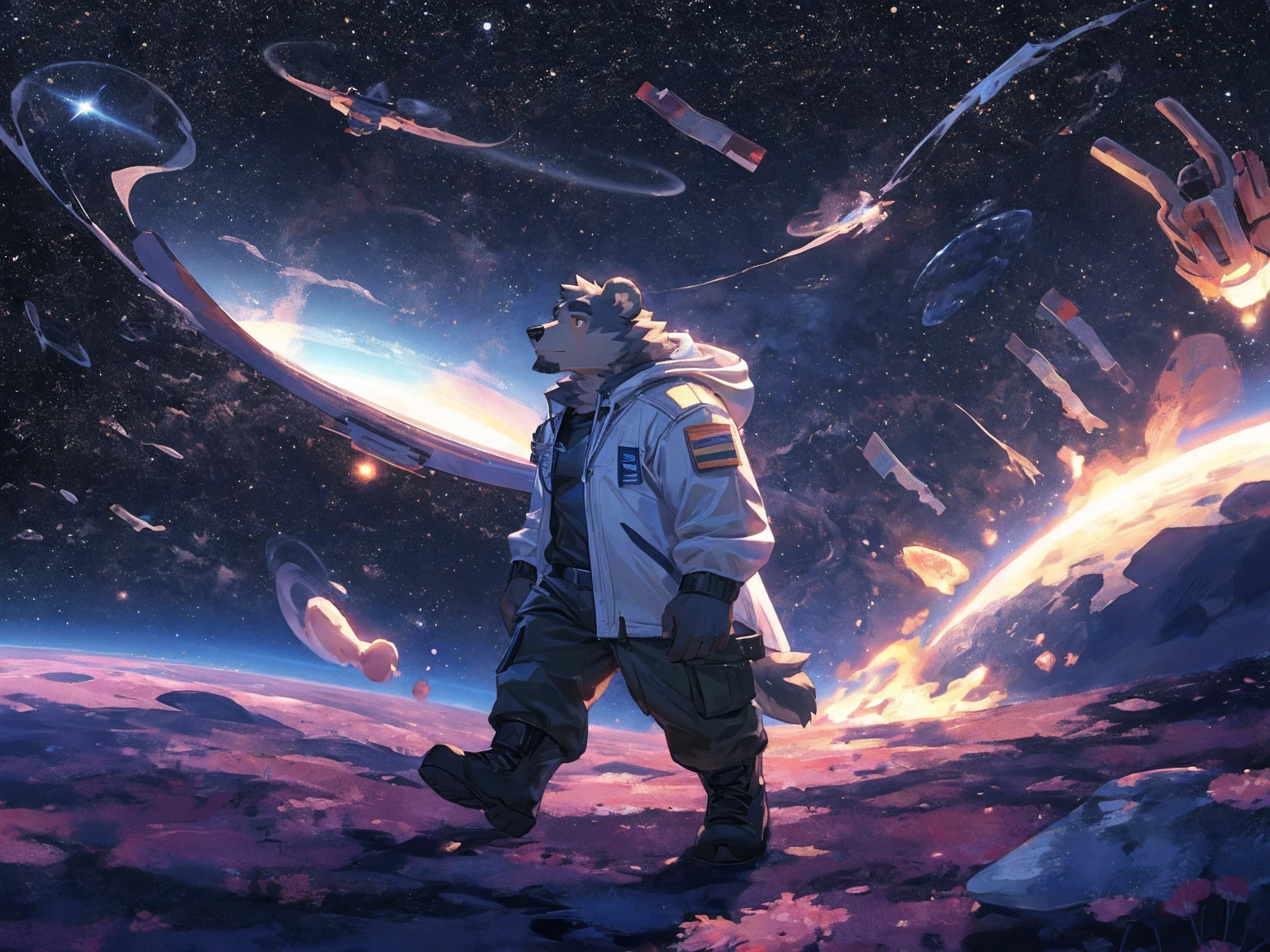 (masterpiece:1.2), best quality,pixiv,official art,perfect anatomy, (Ray tracing, light),solo, (1_male:1.3) , (muscle), (grey fur:1.4), (muscle bear), (beard:1.2), (gleaming golden eyes), bear tail, full body, Thick black eyebrows,(open hooded parka), (naked inside), (cargo pants:1.2), boots , (in the space:1.3) , star , planet , earth , asteroid , character floating