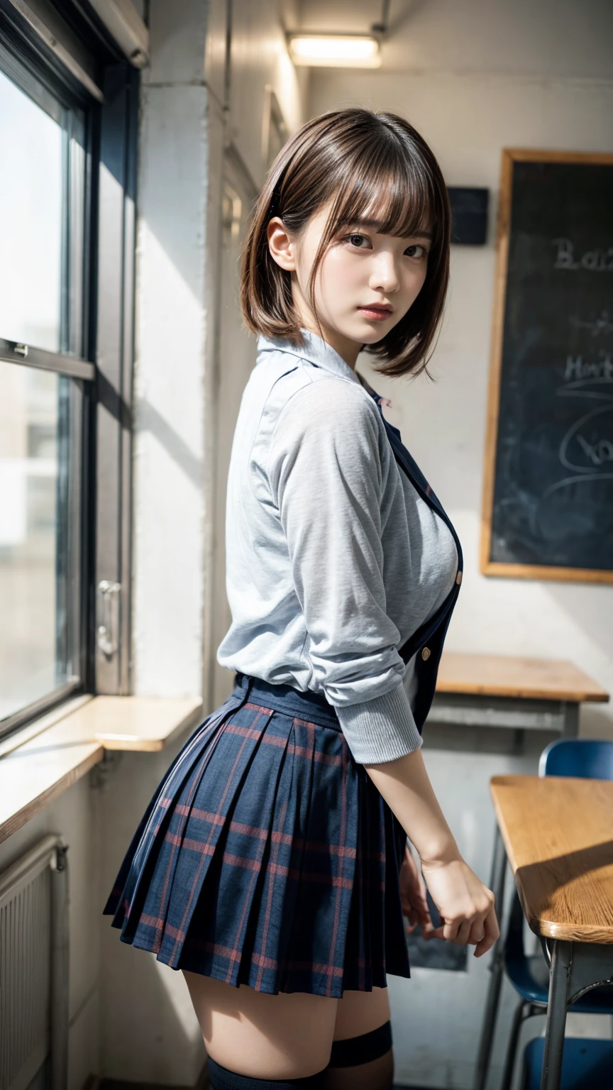 masterpiece, best quality, illustration, Super detailed, fine details, High resolution, 8K,wall paper, perfect dynamic composition,(Details High quality, realistic depiction of eyes:1.3), from side, High School Classroom、High school girl uniform、blazer 、Super Short Check Uniform Skirt、Navy blue high socks、garterbelts、Colossal tits、Disturbed uniform, short bob hair, black hair color, large breasts, Big Natural Color Lip, bold sexy pose, (perfect body shape), crying a little、cold gaze, Harajuku style、20 year old girl、cute type, beautiful legs, hposing Gravure Idol, Voluptuous thighs