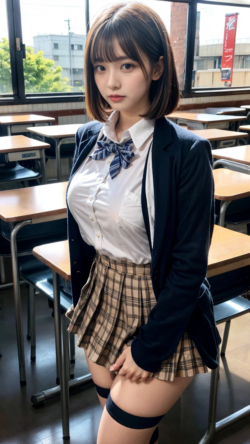 masterpiece, best quality, illustration, Super detailed, fine details, High resolution, 8K,wall paper, perfect dynamic composition,(Details High quality, realistic depiction of eyes:1.3), from side, High School Classroom、High school girl uniform、blazer 、Super Short Check Uniform Skirt、Navy blue high socks、garterbelts、Colossal tits、Disturbed uniform, short bob hair, black hair color, large breasts, Big Natural Color Lip, bold sexy pose, (perfect body shape), crying a little、cold gaze, Harajuku style、20 year old girl、cute type, beautiful legs, hposing Gravure Idol, Voluptuous thighs