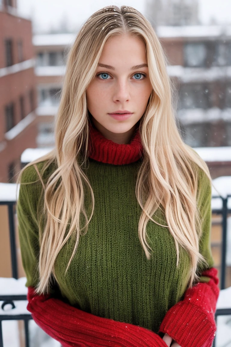 Photo for Instagram profile, super realistic, green eyes, long hair, blonde woman, large and pronounced bust, with little winter, Red sweater, Great cleavage, whole body, on the balcony of an apartment in the snow