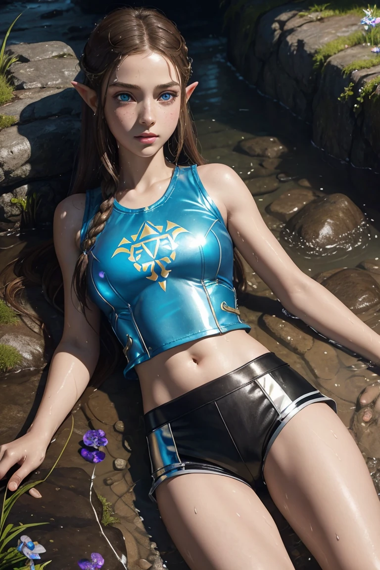 masterpiece.  4k. highly detailed epic fantasy oil painting of beautiful 12 years old Princess Zelda. sparkly blue eyes, freckles. detailed stylish suit,
  shiny reflective leather shorts for the summer.  crop top shirt. athletic. Hyrule motif. lying on creek. sweating. rain. river. wet.
from above, eagle eye shot, far shot. wildflowers.
