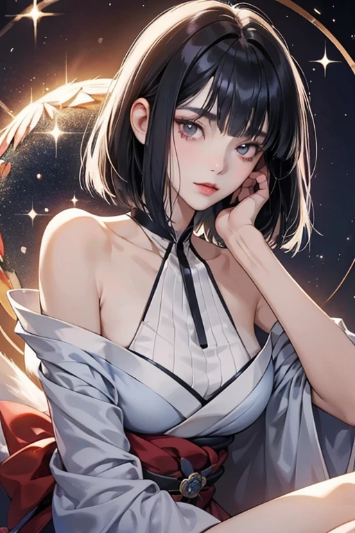 Mireille is a Japanese/Korean-French fair-skinned slender teenage girl standing at a medium height with pale, light grayish scarlet lipstick, chin-length black hair with dark blue reflections in a face-framing bob with straight cut bangs slightly divided into three sections and upturned, almond-shaped dark tangelo eyes. SPARKLE; GLITTER