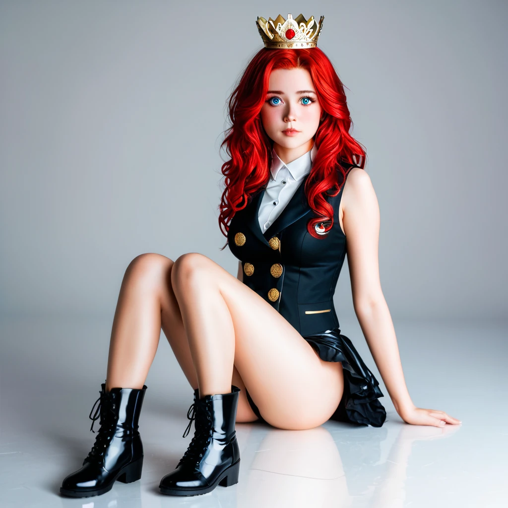 1 girl, alone, blue eyes, red hair (very long and voluminous), white crown, bare skin (black vest), medium breasts, golden buttons, (black miniskirt), bare feet, shy face, full body, thick-soled black boots,
Nikon D850.