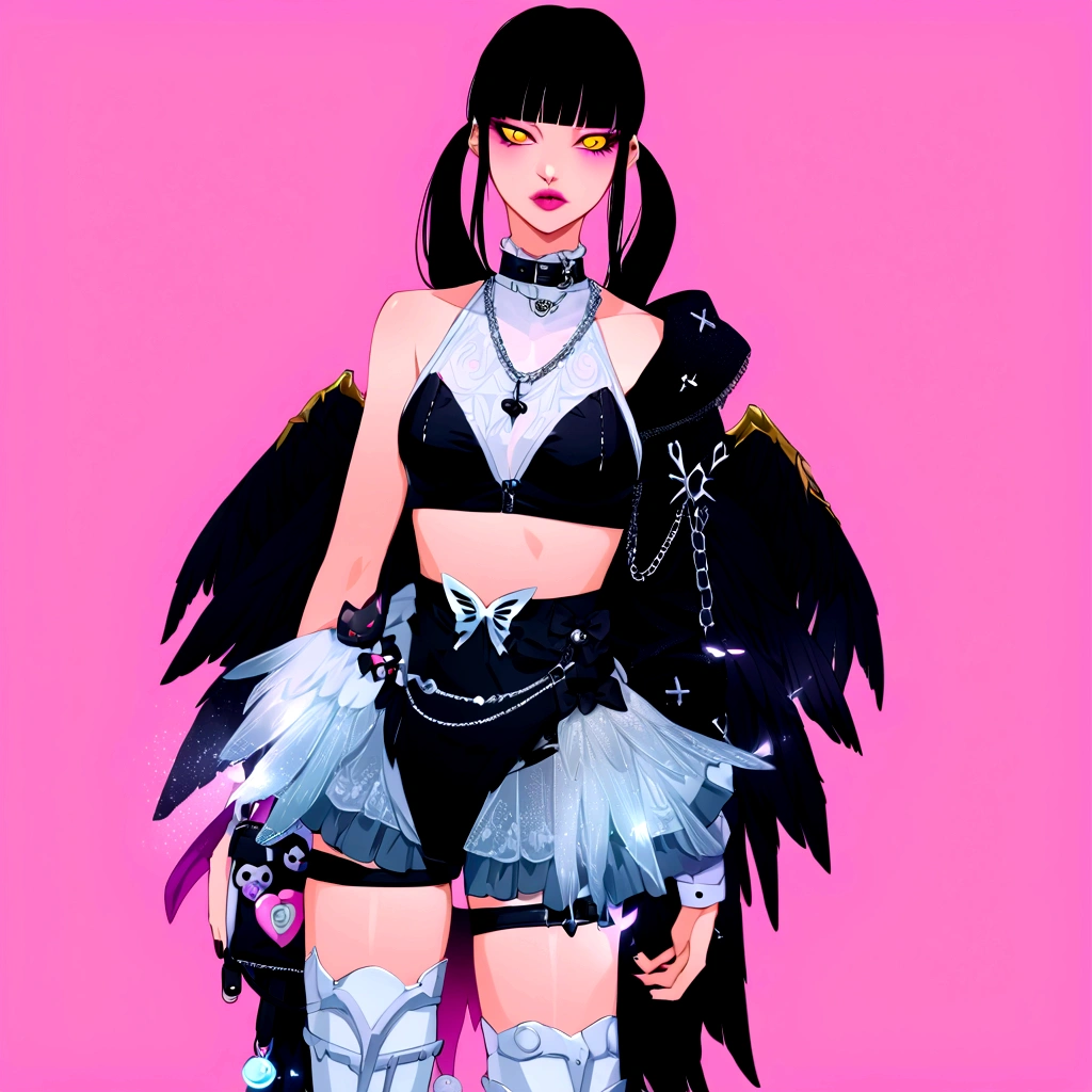 there is a woman in a costume with wings and a purse, villainess has black angel wings, angel knight gothic girl, beautiful cyborg angel girl, gothic outfit, fantasy outfit, angel with black wings, raven winged female vampire, pastel goth, inspired by Awataguchi Takamitsu, inspired by Jin Homura, hyper - goth, dollpunk