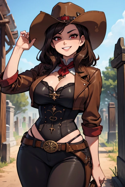 Perfect face, Perfect hands. A brown haired woman with red eyes and an hourglass figure in a Gothic conservative cowgirl is exploring a cemetery of a wild west town with a big smile