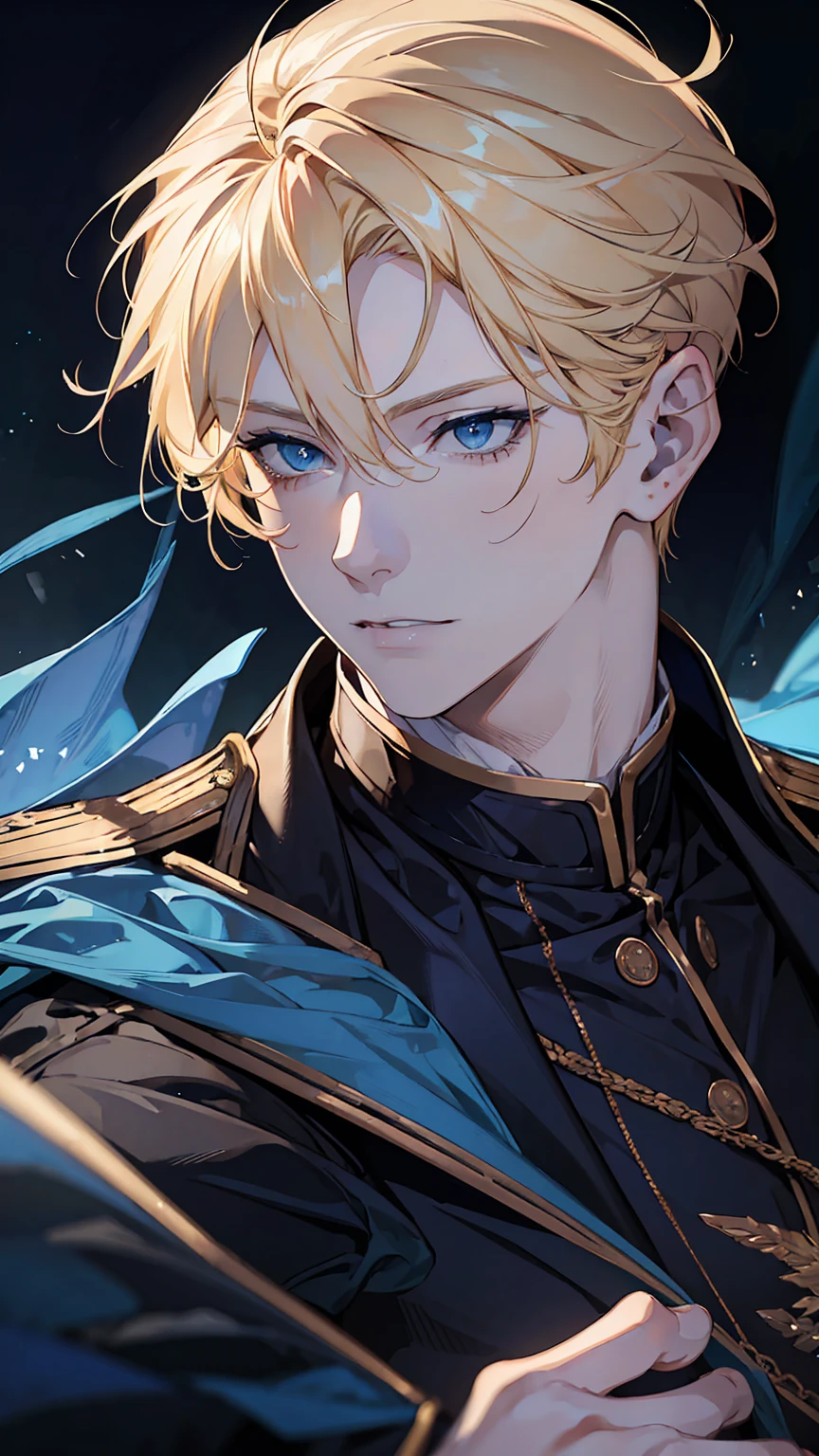 a handsome young man with blonde hair and blue eyes, wearing an academy uniform, detailed facial features, dynamic pose, realistic lighting, cinematic composition, rich color palette, highly detailed, photorealistic, masterpiece, muscular