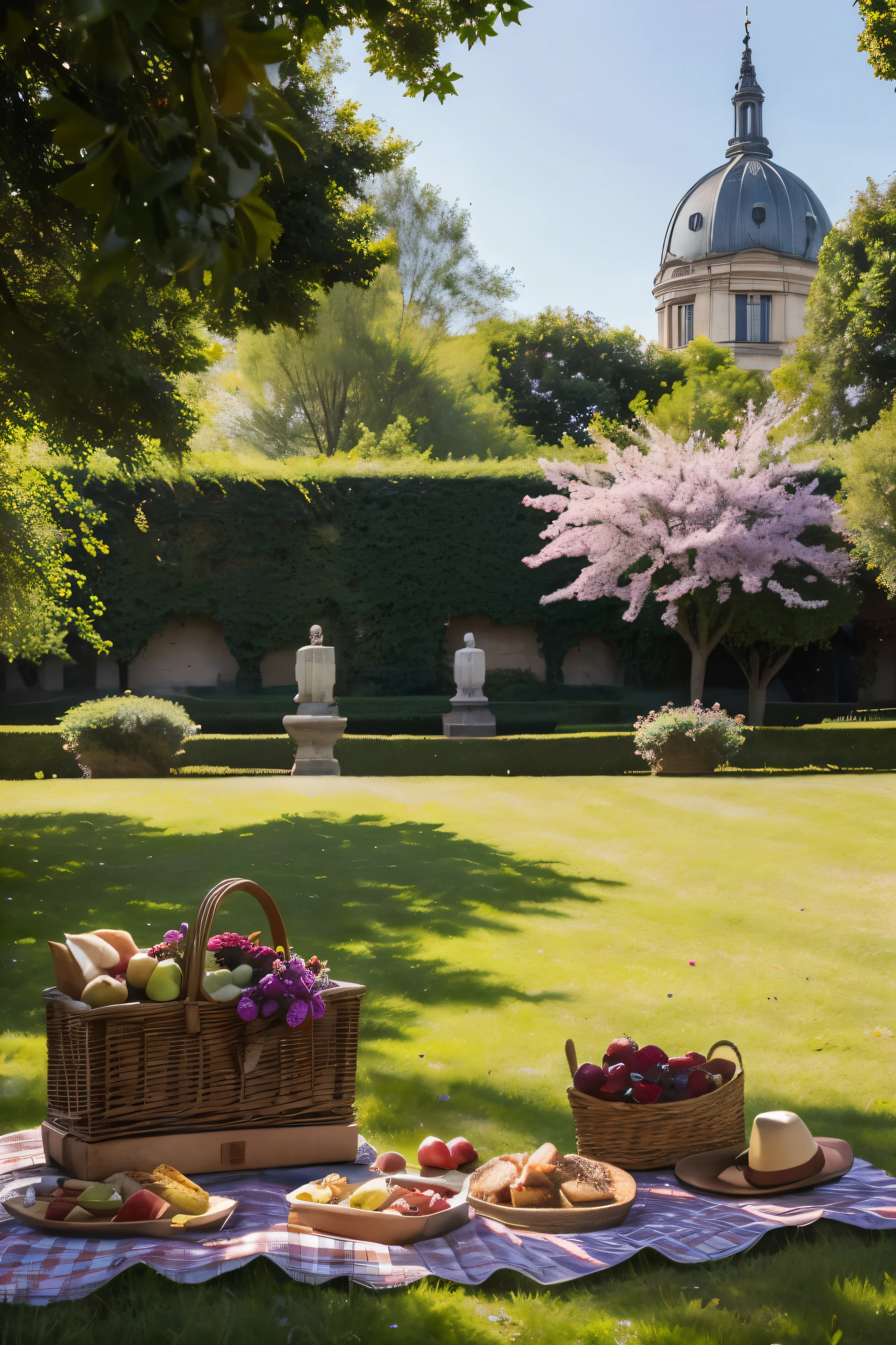 Por favor, create a super realistic image of a tourist attraction in France called Luxembourg Garden. The image should capture a sophisticated picnic scene with natural lighting. En el centro de la imagen, there must be an open picnic basket, covered with a red checkered cloth spread on the floor. Inside the basket, there must be a healthy snack, including gourmet sandwiches, fine cheeses, artisan breads, and a selection of fresh fruit, like grapes, strawberries and apples. The scene should be surrounded by the natural beauty of the garden, with green trees, colorful flowers and view of the palace in the background. The image should have an elegant and sophisticated aesthetic, perfect for an Instagram post, as if it had been taken at the exact moment of the picnic.