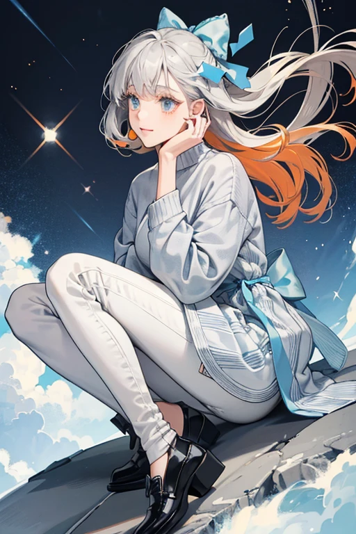 She wears a long-sleeved pale, light grayish cerulean sweater with a gray cloud design with three dark gray clouds printed the front, white jeans, and orange dress shoes adored with bows and moderate gamboge soles. SPARKLE; GLITTER