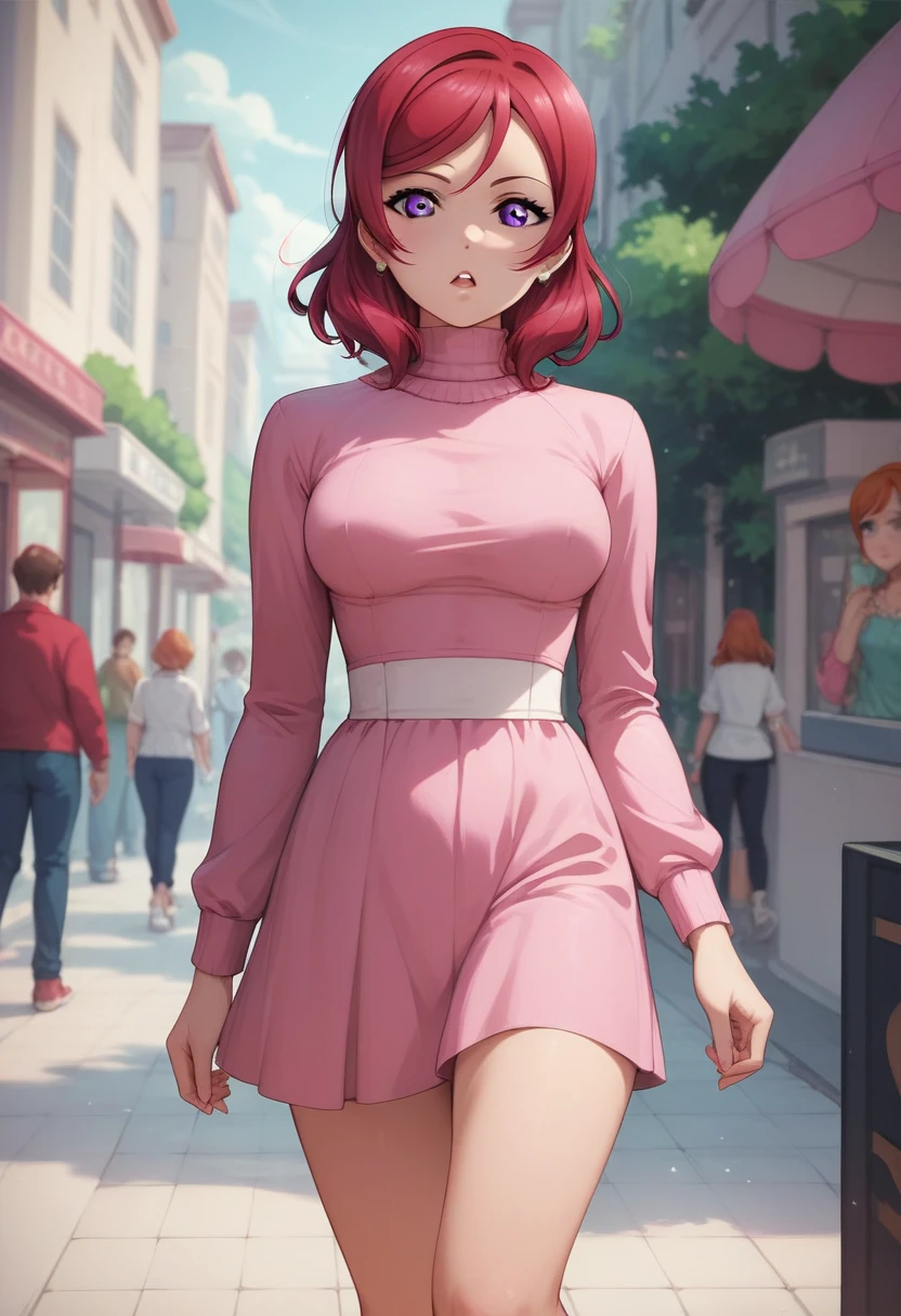 masterpiece, best quality, highres, nishikino maki,purple eyes,red hair, sexy,(lipstick:0.6), pink skinny dress,llchar,love live, turtle neck, breasts apart , walking, thighs,long sleeves 