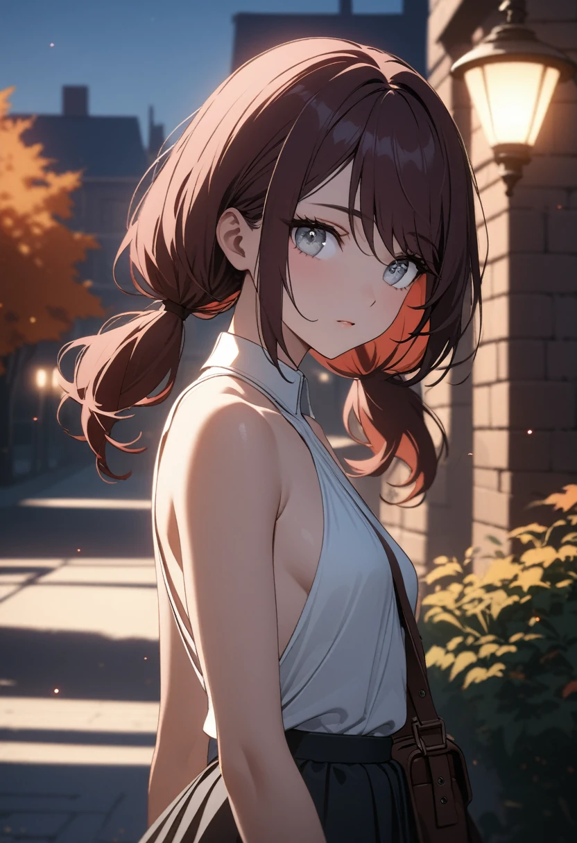 (masterpiece:1.2, Best Quality), (finely detailed beautiful eyes: 1.2), (beautiful detailed face), High contrast, (Best Illumination, extremely delicate and beautiful), ((Cinematic Light)), Highest Quality, masterpiece, light particles, close up of young woman leaving college campus at dusk, gray eyes, dark red hair in low twin tails, swept bangs, eyelashes, stoic, sleeveless white halter neck collared shirt, backless shirt, skirt, satchel, looking to the side, upper body, small breasts, toned arms, bare arms, brick building in background, lamp posts, people in background, trees, autumn, dark atmosphere, slate colors, light particles, highest quality, masterpiece