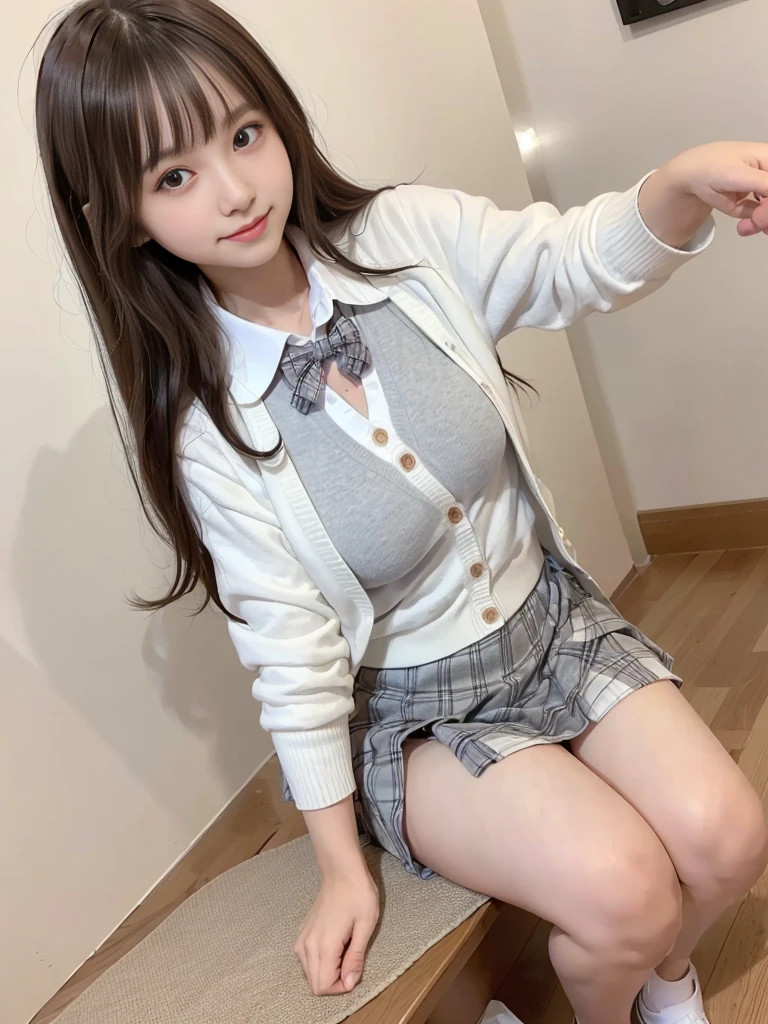 (Tabletop:1.2, Highest quality), (Realistic, Realistic:1.4), View your audience, whole body, 1 Girl, Japanese, , High School Girl, (Long Hair:1.5), With her hair flying, bangs, Droopy eyes, Hair between the eyes, Small breasts:0.8, Bright honey-colored long hair with curls, Young face, Slim and slender, Small breasts, Beautiful details, Beautiful clavicle, Beautiful body, Beautiful breasts, Beautiful thighs, Beautiful legs, Beautiful fingers, Beautiful views), , School, ((Collared shirt, White shirt, , cardigan, Grey plaid pleated skirt、Red ribbon))、 A shy smile, ,masterpiece、Highest quality、High resolution、Squatting in the house、I took off my clothes、Bra very、Side tie thong、sprawl、From above、I can see her white panties, A glimpse of white panties,