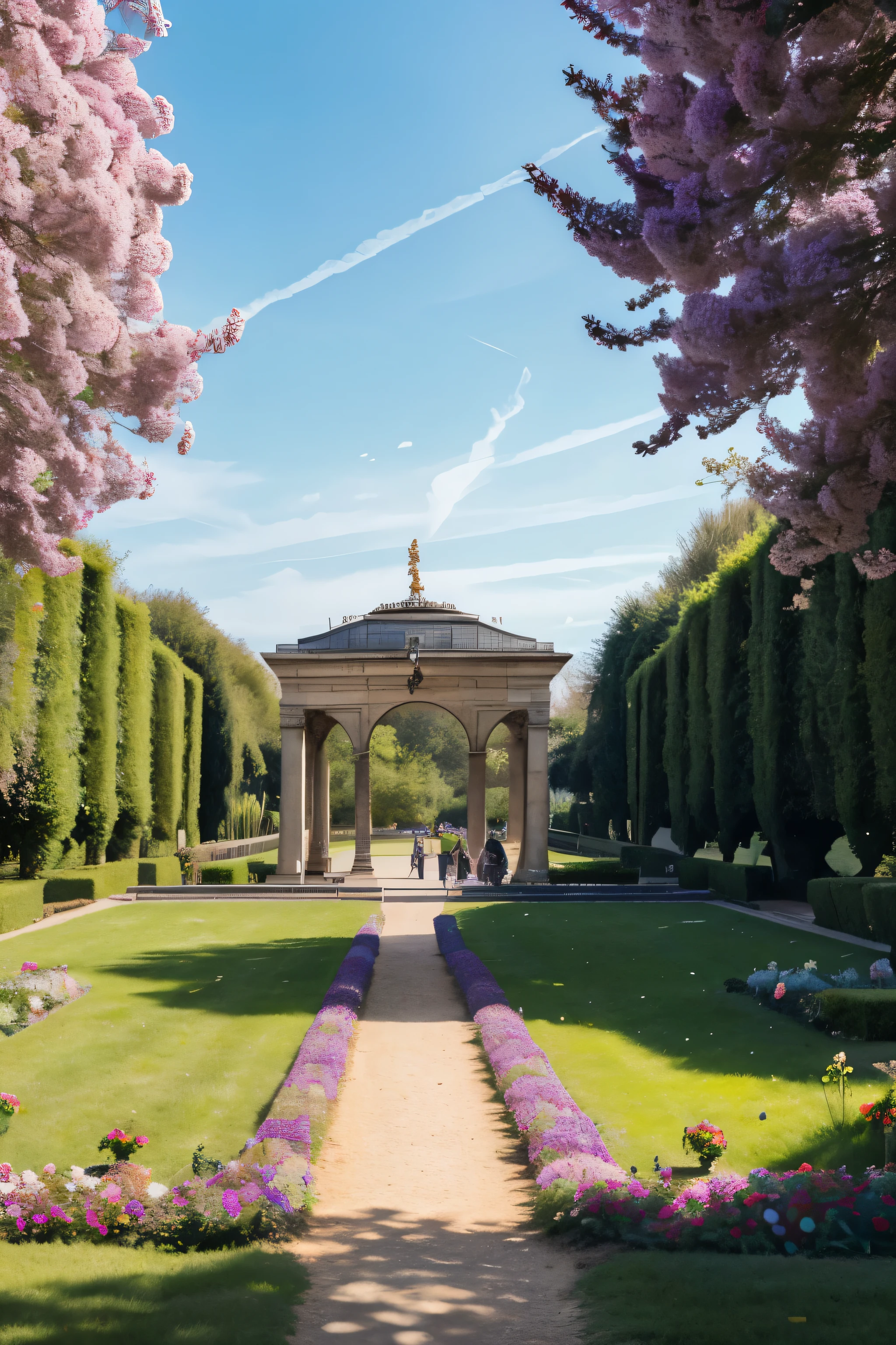 Por favor, create a super realistic image of a tourist attraction in France called Luxembourg Garden. The image should capture a sophisticated picnic scene with natural lighting. En el centro de la imagen, there must be an open picnic basket, covered with a red checkered cloth spread on the floor. Inside the basket, there must be a healthy snack, including gourmet sandwiches, fine cheeses, artisan breads, and a selection of fresh fruit, like grapes, strawberries and apples. The scene should be surrounded by the natural beauty of the garden, with green trees, colorful flowers and view of the palace in the background. The image should have an elegant and sophisticated aesthetic, perfect for an Instagram post, as if it had been taken at the exact moment of the picnic.