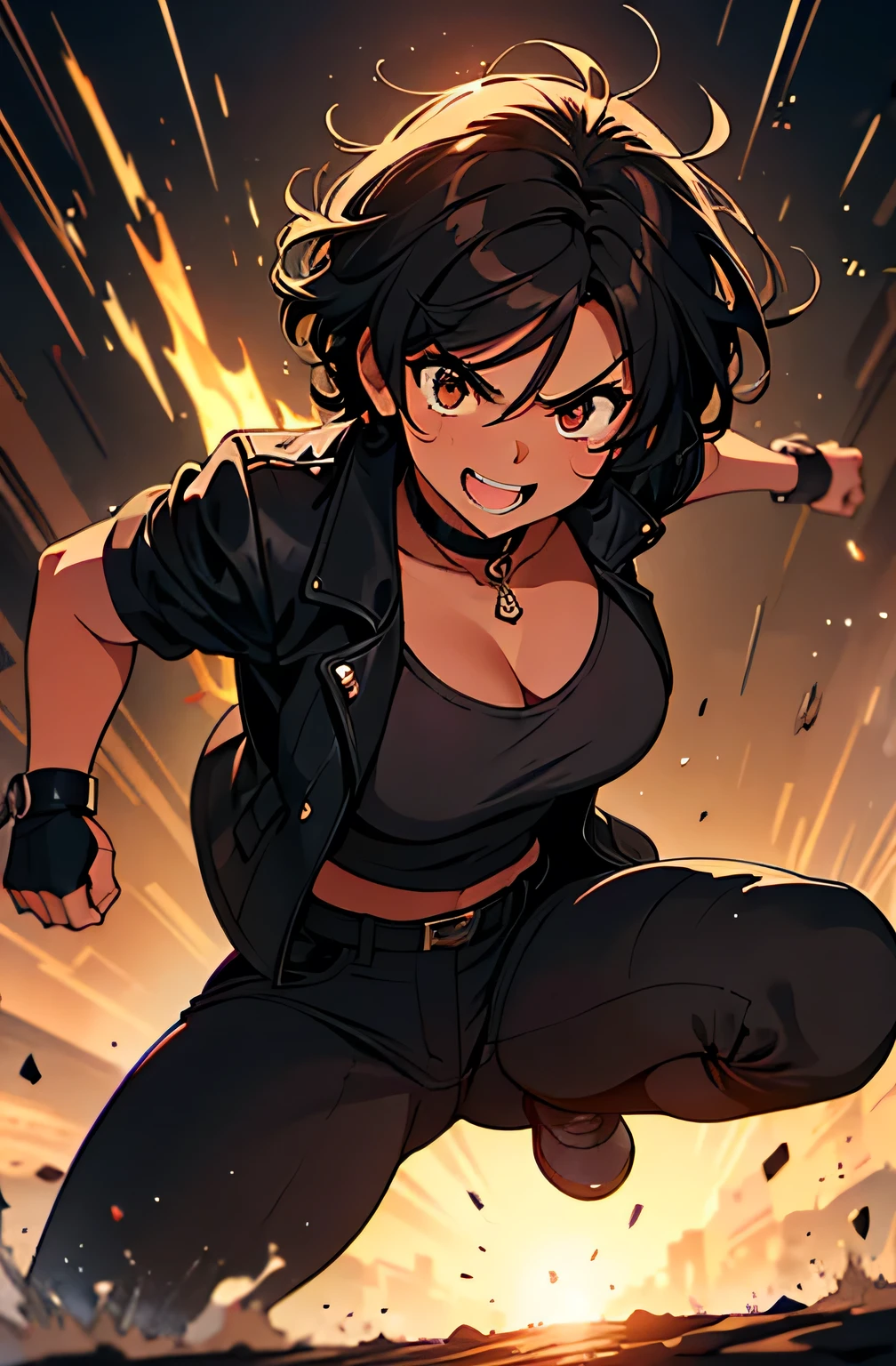 melhor qualidade)), ((Obra de arte)), (detalhado), Just 1 adult woman of black race, mulatta, very curly hair, short hair above the neck, brown skin, brown eyes, medium breasts, with a lot of scars, black tank top, black pants, open black jacket, goth emo style, threatening appearance, frightening smile, in a tournament, during a fight, in a battle scene, in a arena.