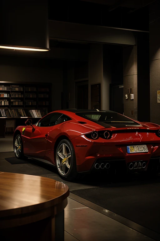 A Ferrari inside a library in a dark environment where dollar bills fall from the sky