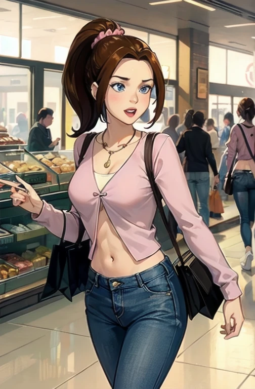 KittyPryde_Dress_ownwaifu, 1girl, brown hair, ponytail, necklace, jewelry, blue eyes,  lipstick,long sleeves, lips, long hair, medium breasts, blush, hair bun, scrunchie, makeup, red lips, hair ornament, jeans, denim,  shirt, blue pants, ((midriff)), (bare midriff), navel, capri pants, pink jacket, cardigan, indoors, shopping mall, walking,  absurdres, ultra detailed, masterpiece, best quality, aesthetic, detailed,