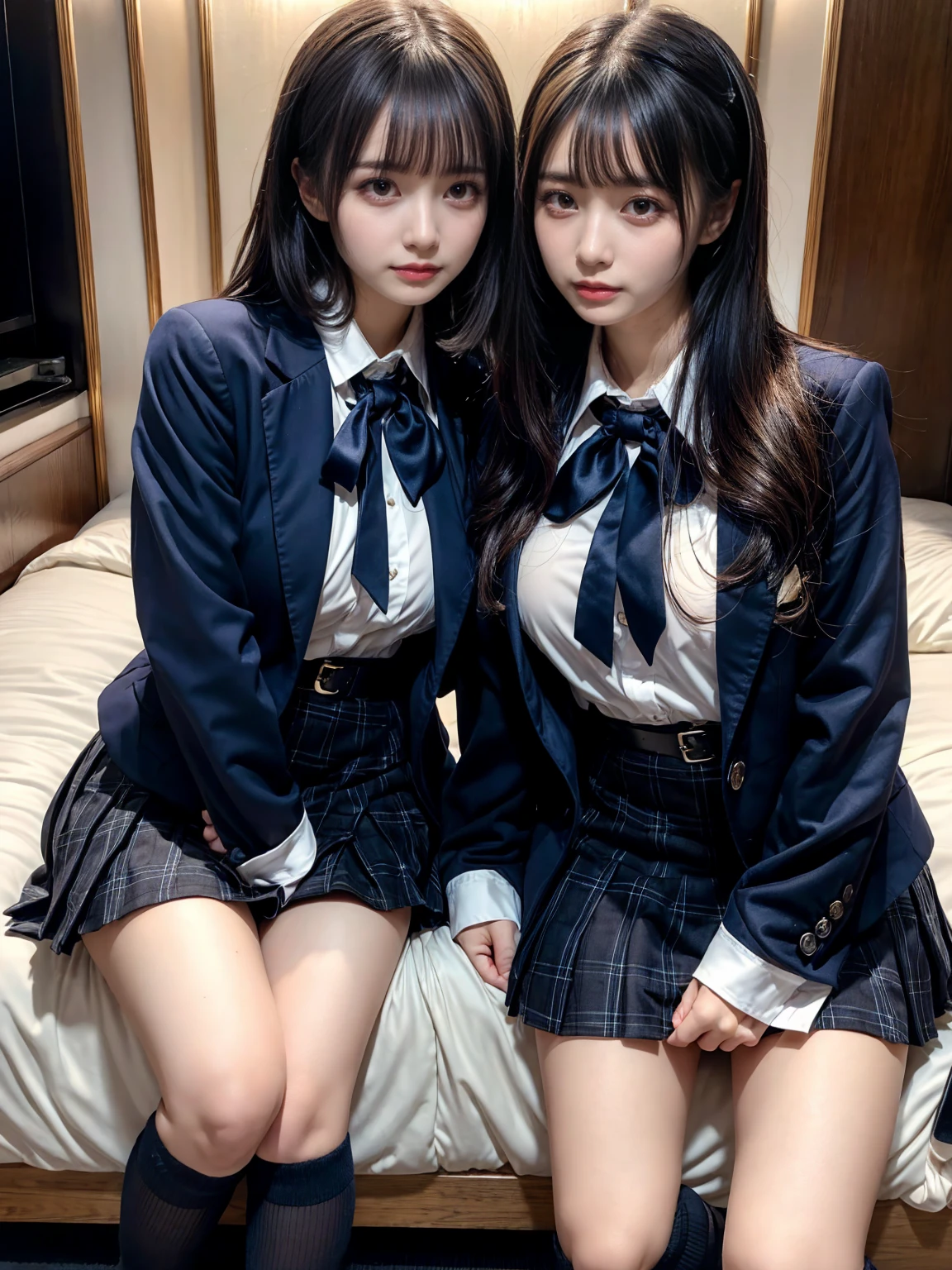 (8K, Raw photography, top-quality, masterpiece:1.2), muster piece, best quality, illustration, Super detailed, fine details, High resolution, 8K,wall paper, perfect dynamic composition,(Details High quality, realistic depiction of eyes:1.3), ((2 girls, 2 schoolgirls)), The background is a luxury hotel room、High school girl uniform、blazer 、Super Short Check Uniform Skirt、Navy blue high socks、garterbelts、Colossal tits、Disturbed uniform, Play with each other,Touching each other's bodies,Touching the body of the girl next door, short bob hair, black hair color, huge breasts, Big Natural Color Lip, bold sexy pose, (perfect body shape), crying a little、cold gaze, Harajuku style、Beautiful makeup,glitter makeup,Cutest 18 years old、 beautiful legs, hposing Gravure Idol, Voluptuous thighs