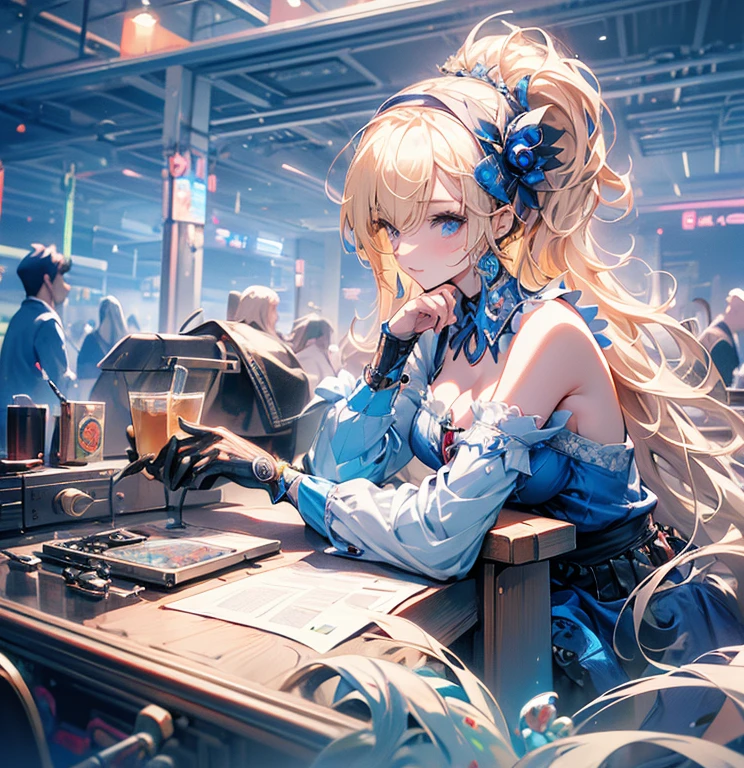 a beautiful 20 year old blonde woman with big messy hair in a blue dress, white stockings, black headband, cleavage, holding a glowing mushroom, fantasy art style, rossdraws cartoon vibrant, alice x. zhang, alice in wonderland cyberpunk, cute detailed digital art, colorfull digital fantasy art, digital fantasy art ), glossy digital painting, rossdraws pastel vibrant, rossdraws 2. 5, rossdraws 1. 0