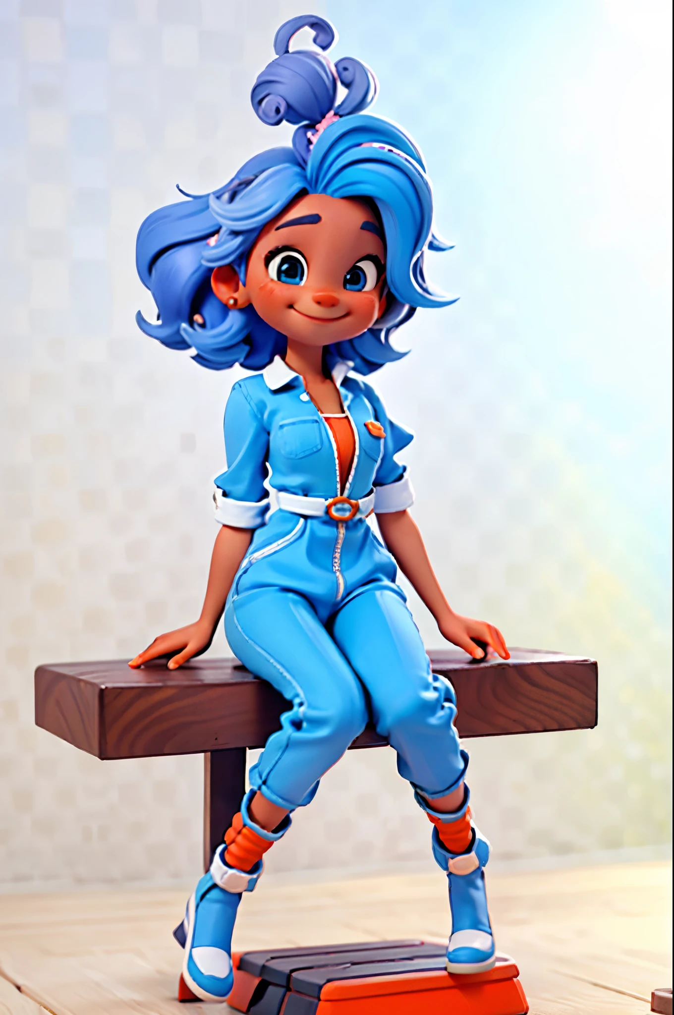 ((sitting)) ((happy)) cute in a square, perfect, Kizi, 3d, She has curly carrot-colored hair. Your skin is slightly tanned. It has a rounded e. He is dressed in a blue and white striped jumpsuit..