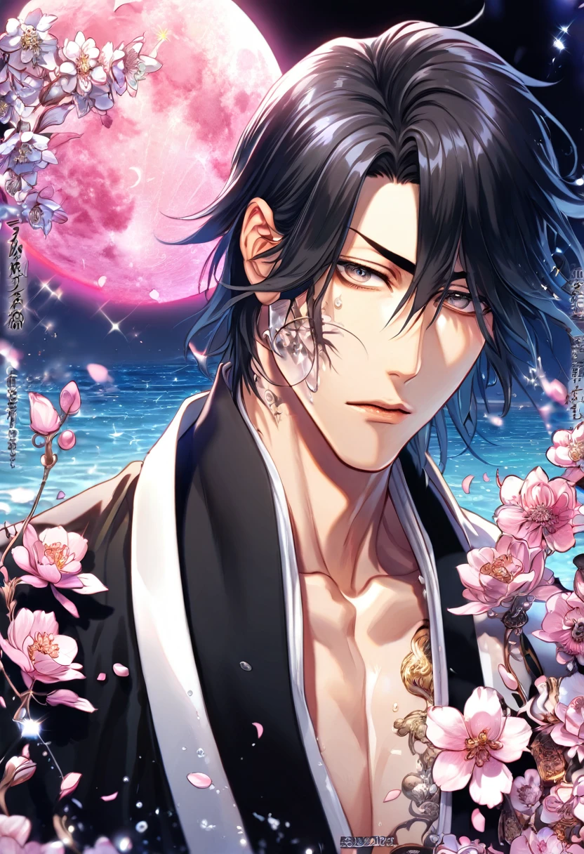 absurdres, highres, ultra detailed, HDR, master piece, best quality, extremely detailed, Kuchiki Byakuya, black hair, expressive gray eyes, Bleach, solo, sexy man, handsome, shinigami black clothes, magical, fantasy, glittering, sparkling, glass, blossoms, pink flowers, pink petals, water, pink moon