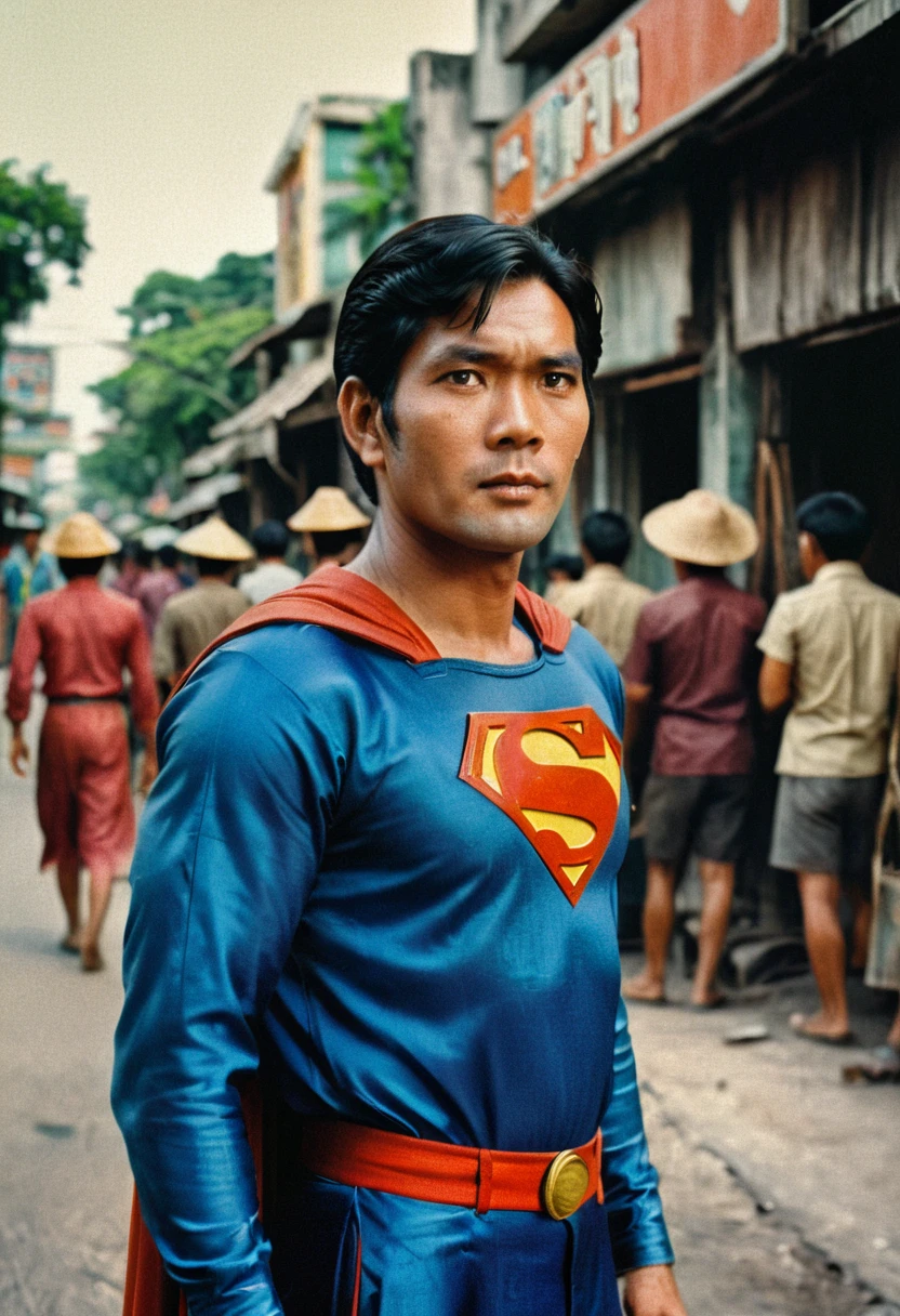 vintage old photo from the 1970s, masterpiece closeup portrait photo of a Superman style Thai workers in 1970, colour style 70s, street bankkok 1970 background, thai movie style, Old Classic Films, old picture, maximum details, dramatic shadow evocative analog film noise, half body portrait, cinematic, movie still, captured in the style 35 mm movie film