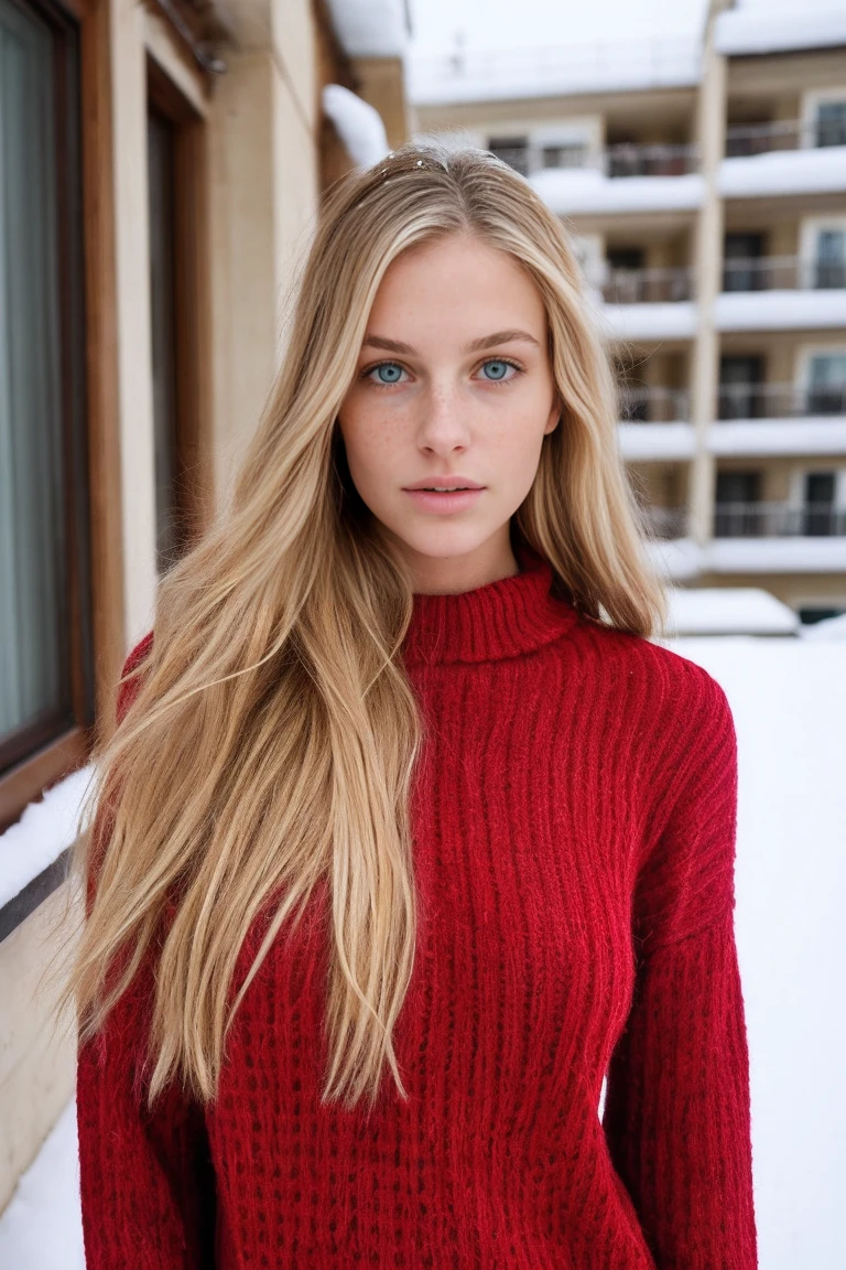 Photo for Instagram profile, super realistic, green eyes, long hair, blonde woman, large and pronounced bust, with little winter, Red sweater, Great cleavage, whole body, on the balcony of an apartment in the snow