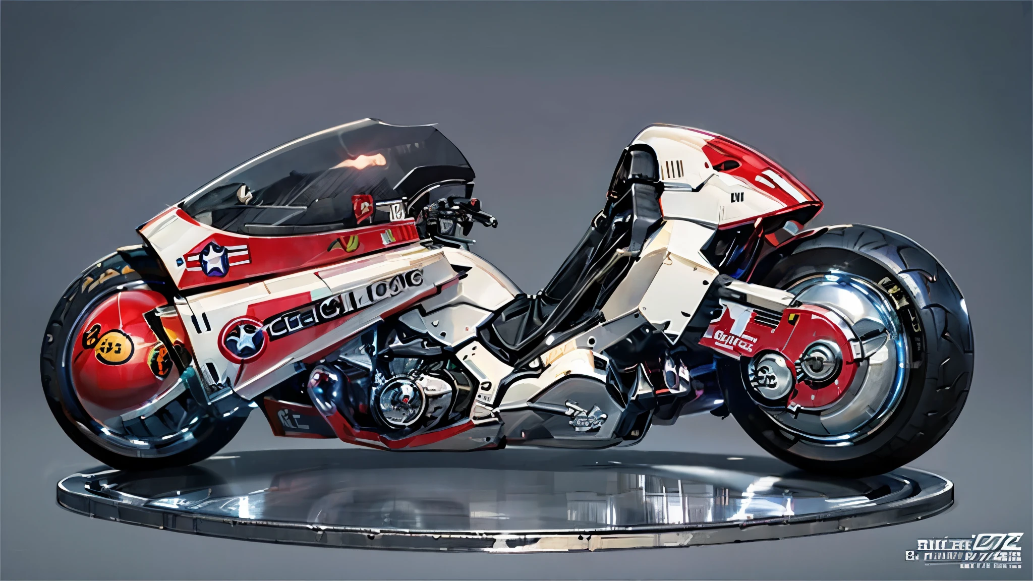 Placed directly in front、Photographed from 45 degrees above、White metallic bike、Highest quality、Masterpiece、Simple Background