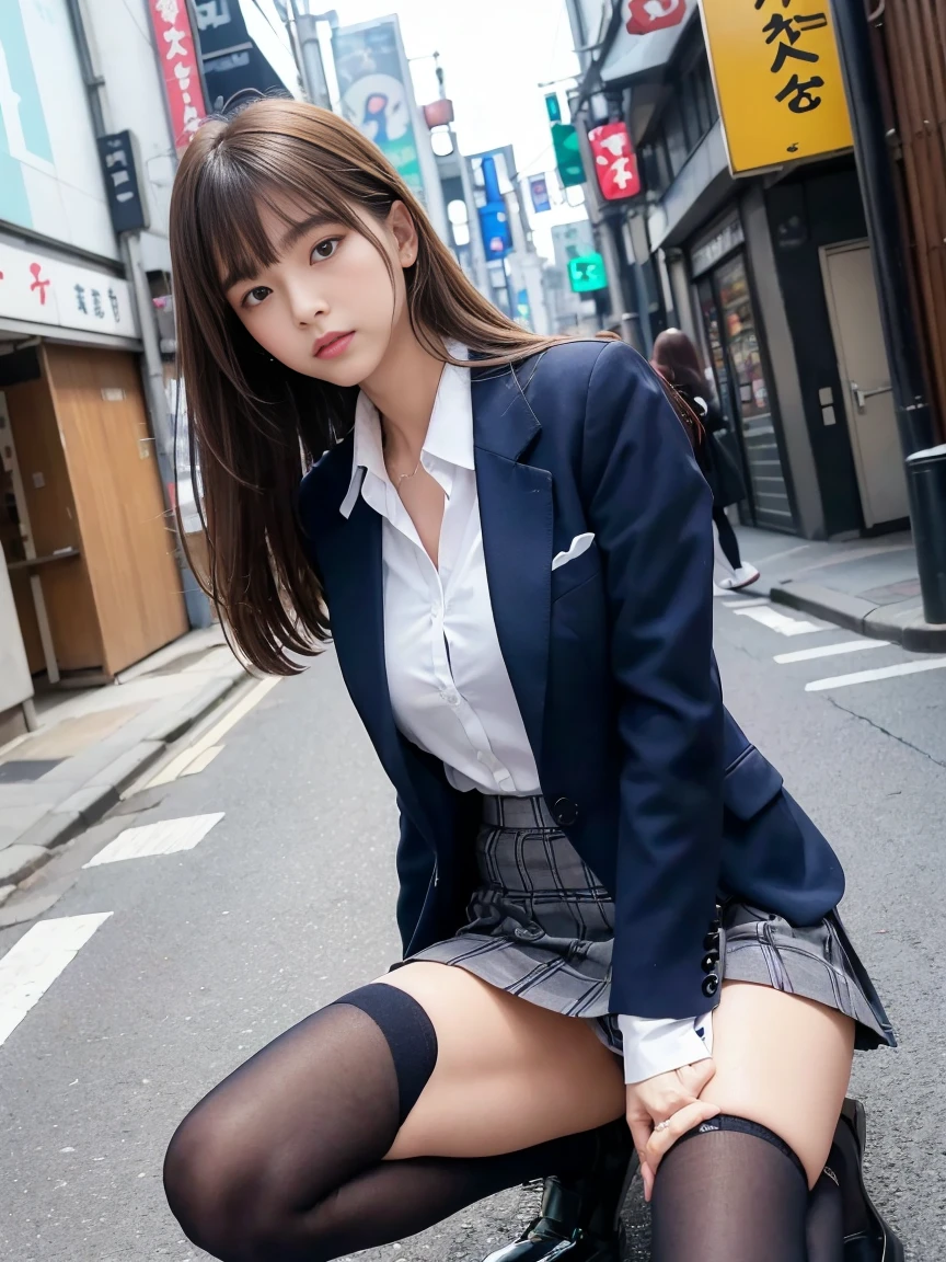 (High level image quality、high quality、highest resolution、masterpiece、Detail、strobe shooting)、looking at the camera、light brown long straight hair、She wears a navy blue blazer with a high neck. .)、(She is wearing a navy blue checked skirt..)、He is wearing an open collar white shirt for students..、wearing white panties、Wearing white socks、she wears black loafers、have a student bag、(Flip your skirt over with both hands）、(Spread your legs wide apart）、Shooting from a low angle、 (Shinjuku daytime alley)、(me&#39;m on a sidewalk lined with stores.)