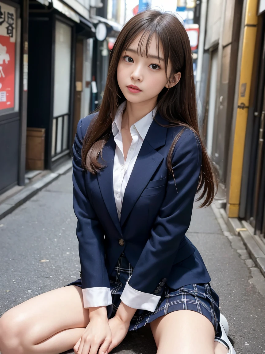 (High level image quality、high quality、highest resolution、masterpiece、Detail、strobe shooting)、looking at the camera、light brown long straight hair、She wears a navy blue blazer with a high neck. .)、(She is wearing a navy blue checked skirt..)、He is wearing an open collar white shirt for students..、wearing white panties、Wearing white socks、she wears black loafers、have a student bag、(Flip your skirt over with both hands）、(Spread your legs wide apart）、Shooting from a low angle、 (Shinjuku daytime alley)、(me&#39;m on a sidewalk lined with stores.)