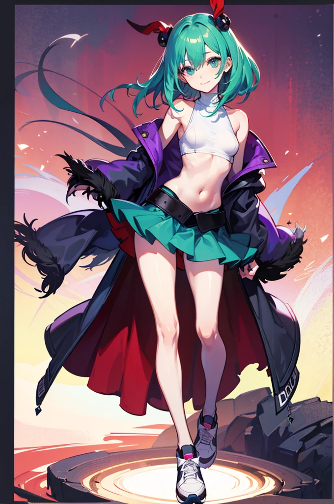 Lively standing posture,absurd, ultra detailed, masterpiece, best quality, Aesthetic, detailed, Solitary, Smile, 1 Girl, Aqua eyes, Double tail, Hair of medium length, Hair between the eyes, Bangs, crossed Bangs, Messy hair, Small Breasts, Shut up,Sleeveless shirt, Open coat, turtleneck, Purple sneakers, Half-taken off purple coat, Layered clothes, Card issuance, Girl,Green Hair,thin,Thin legs,Charming pose,Sexy,Sexy,Red hair accessories,Ball between legs,Red and white ball,Harley Quinn,Clown Makeup,Purple skirt,Blue skirt,Ultra-clear,Ultra-clear,Looking at the camera,Full body portrait,Small breasts,Height 150cm,cute,Exaggerated smile,Six-headed body,Petite,slim,a beautiful Girl,Thin waist