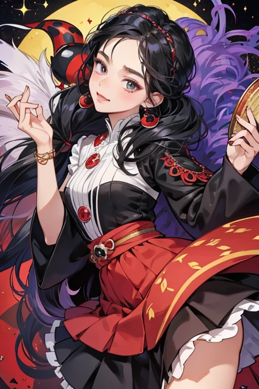 Mudekudeku wore a traditional calfskin skirt and jewelry that depicts her social status. On her ankles were jewelry that protected her against venomous animals. Because her entire body was red with black spots, indicating the area protected by the Ladybug Miraculous — which she used to transform — it can be assumed that the magic acted like otjize paste. She had several otjize hair plaits. SPARKLE; GLITTER