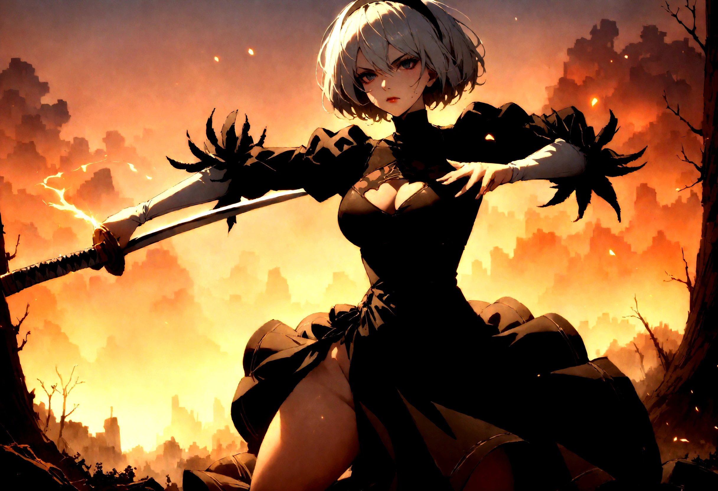 2b,(work of art), ultra detaild, fully body, soft hair, black gown, neckleace, Action, battle pose, standing with legs open, katana, wall-paper, destroyed forest background, SUNSET, smoke in the sky, sparks, serious facial expression, ideal female body, adult, opaque color palette, 真实感, ( realistic styling), perfect hands and arms, holding tightly to your sword