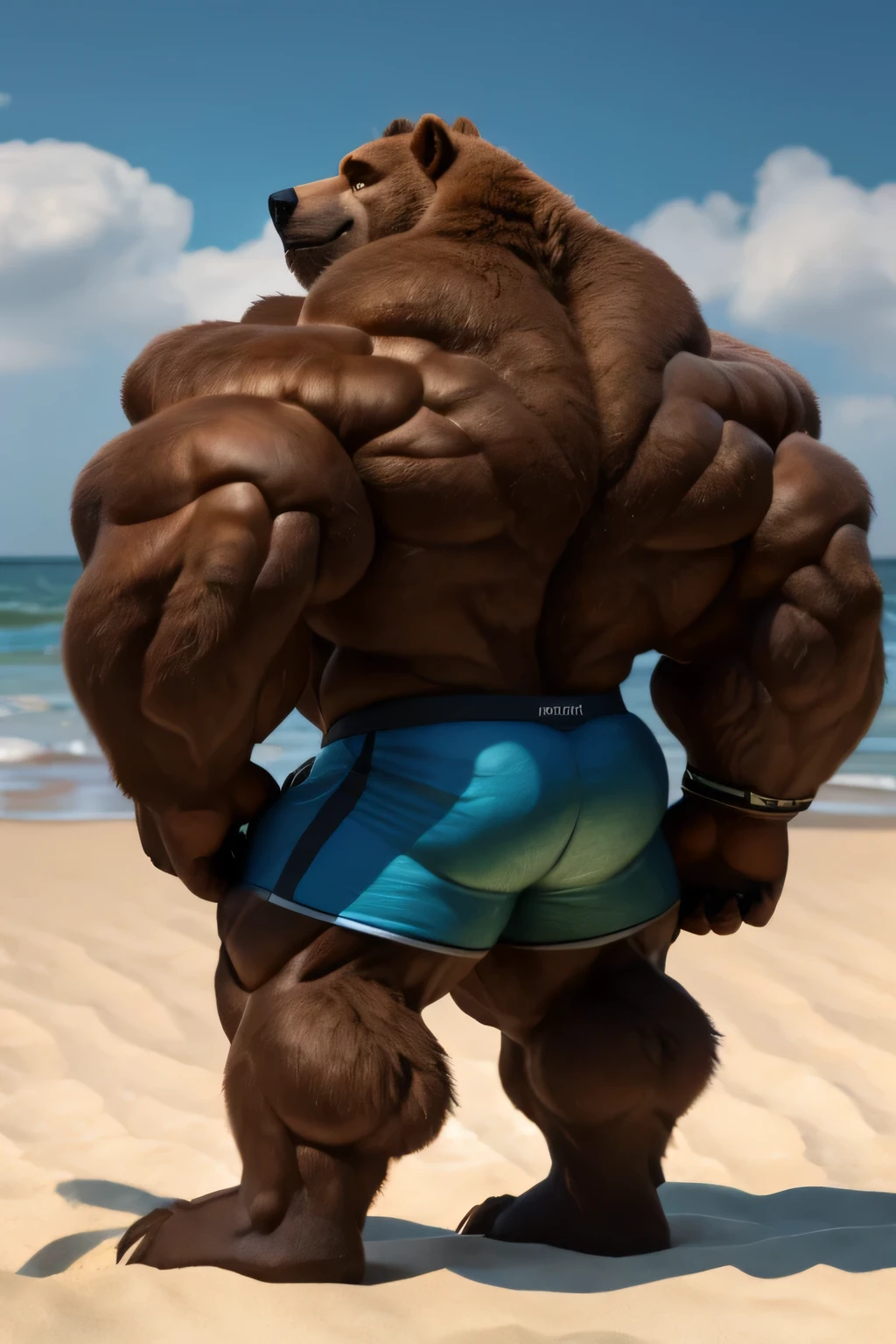 solo, 2boys, beach, size different, extremely huge muscular, massive muscular, grizzly bear, full-body, well-muscled, being shirtless in a black swim trunk shorts and black wristbands in beach. Posing. Doing the MOST MUSCULAR POSE. Super strong. ((extremely muscle size, super thick arms, huge back, thick brown fur, extremely wide back and shoulder, powerful body, huge arms)). and add details to make it attractive and interesting. Added eyes. Add textures and details to make the image more realistic, such as the appearance of the body-built texture and the appearance of the fur. Make sure the resulting image is high resolution, 8K quality.", simple background, masterpiece, high detailed, 8k, high resolution