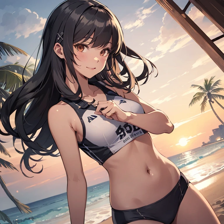 hayashio,hairclip,(masterpiece:1.4),(best quality:1.4), (amazing), (great illustration:1.4), (ultra-detailed:1.4), (art CG, 8K),beach volleyball wear,1girl,solo,play beach volleybal,in the sunset beach,small breasts,