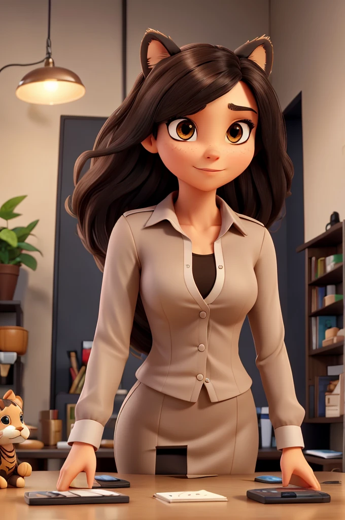 A 28 year old woman , slim , skin fair , light brown eyes , Businesswoman's clothing , Black Straight Hair , holding the cell phone with the little tiger game