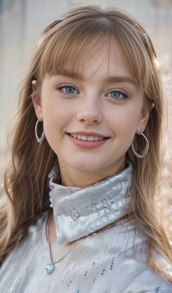 Front view, side swept bangs, (adjusting hair, touching hair, blonde, blue eyes, showing teeths open mouth, sweet smile, moles, mole on cheeks:1.5), ((Teenage girl, ???, 15 years old girl, thin face, skinny:1.2)), slender, slim, close up, white coat, beige shirt, Slender and graceful, beautiful, ultra sharp focus, realistic shot, Winter theme, cold, ((necklage, gem necklage, Metallic texture, round hoop earrings, beautifull earrings, Details, hoop earrings with small diamonds encrusted, colored gems, blue gems, red gems, green gems:1.4)), White background, ((blonde, mole under eye, mole on cheeks:1.4)), blue eyes, 8K, Ultra HD,digital SLR camera,Gentle lighting,high high quality,filmgrain,Fujifilm XT3 sharp focu 5.6,high detal,Sharp focus