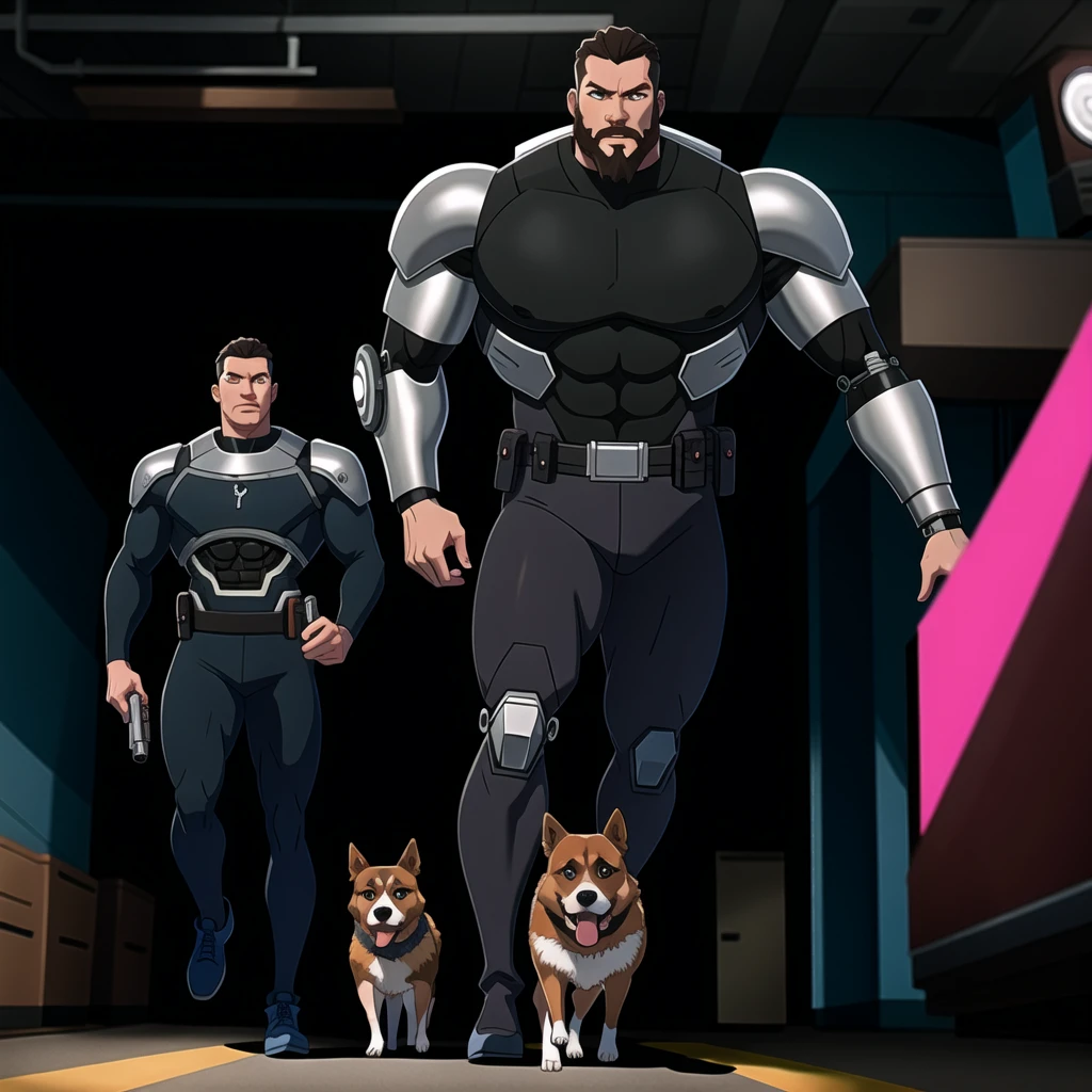High resolution image of a cyborg man, very muscly, Caucasian skin, showing the whole body, long straight hair, muscular arms, wearing cyber pants, in muscular body, wearing silver cyborg boots, holding a Glock gun in his right hand, with his muscular German Shepherd cyborg dog , Walking inside an alien ship, looking at the camera, perfect face in Italian style, fine nose, squared chin, with beard, pink lips, ultra resolution, 8K, super realism.